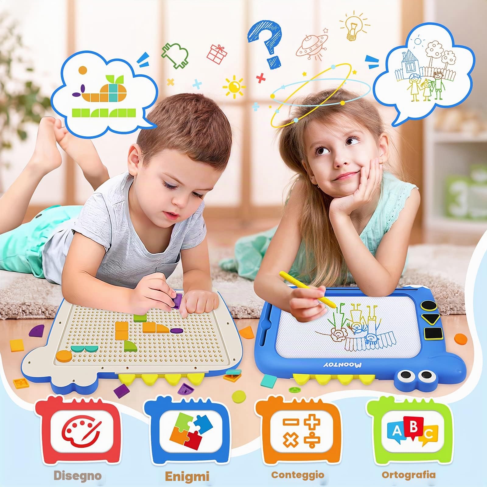 MOONTOY Lavagna Magnetica per Bambini, 2 in 1 Lavagna Magnetica Tangram Puzzle Bambinio 3 Anni, Lavagnetta Cancellabile Lavagna Magica Giochi Bambini 2 Anni, Regalo Bambino 2 3 4 5 Anni