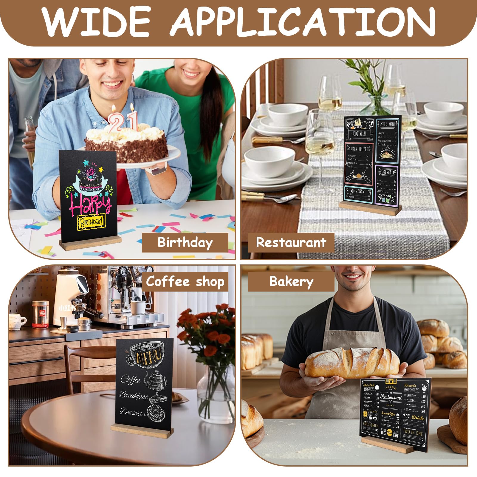 APACALI 12PCS Ardoise Craie, 22 x 15 CM Petits Tableaux Noirs Double Face avec Supports en Bois, Mini enseignes de Table décoratives pour Mariage, Anniversaire, et Nourriture/Buffet
