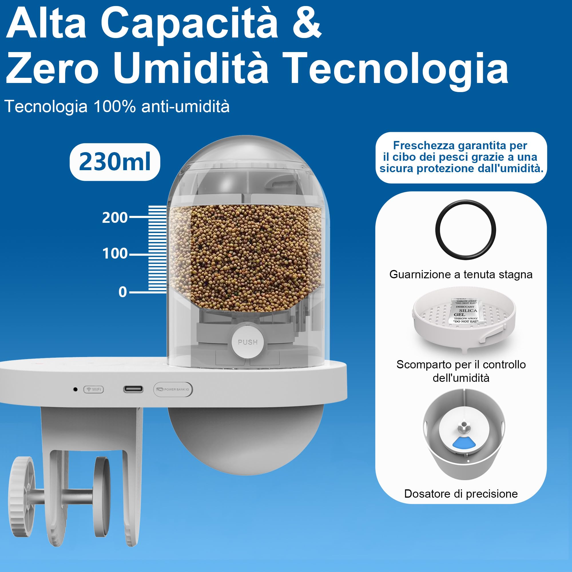 Mangiatoia Automatica WiFi Smart, Camera 2.5K, App 2.4/5G, Dosaggio 0,2g Cura Vacanze, Serbatoio 230ML Anti-Appannamento, Timer, Notifiche, Acquario Marino, Acqua Dolce e Tartarughe