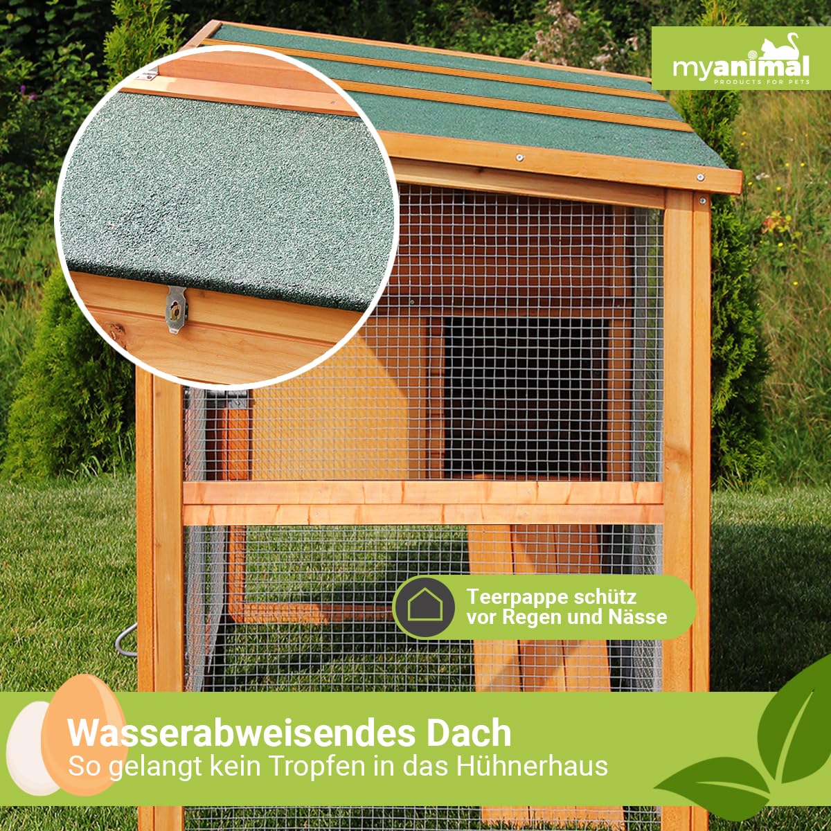 Miweba MyAnimal Hühnerstall MH-04 | 174x76x103 cm - Für 4 Hühner mit Eiablage - Nistkasten - Kleintierkäfig Winterfest - Freilaufgehege - Käfig - Hühnerhaus - Vogelkäfig - Voliere (MH-04 Braun)