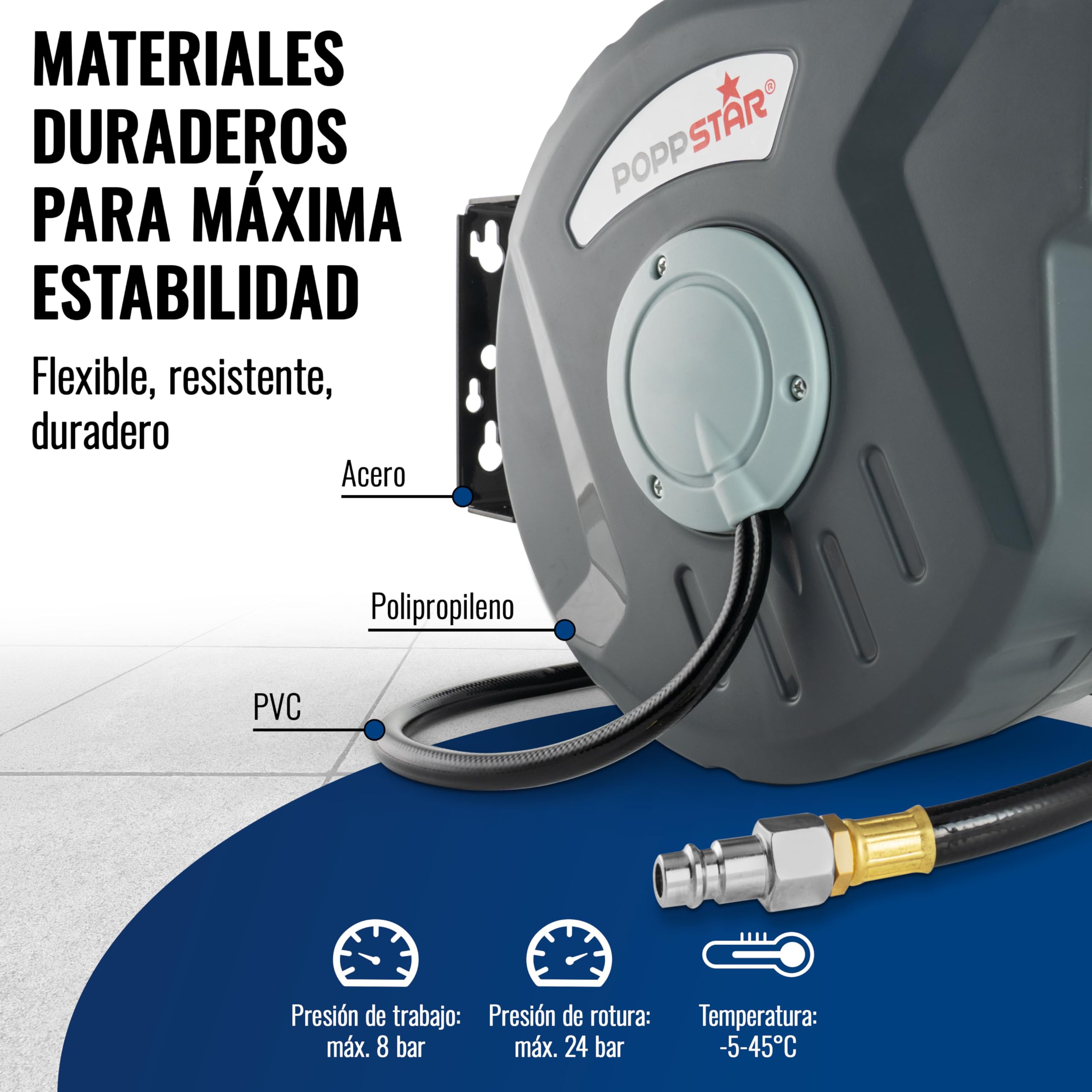 Poppstar Enrollador de manguera de aire comprimido (manguera: 10m + 1m, diámetro interno de 5/16" (8x12mm), 3/8" BSPT), mecanismo de enrollado para manguera de aire comprimido