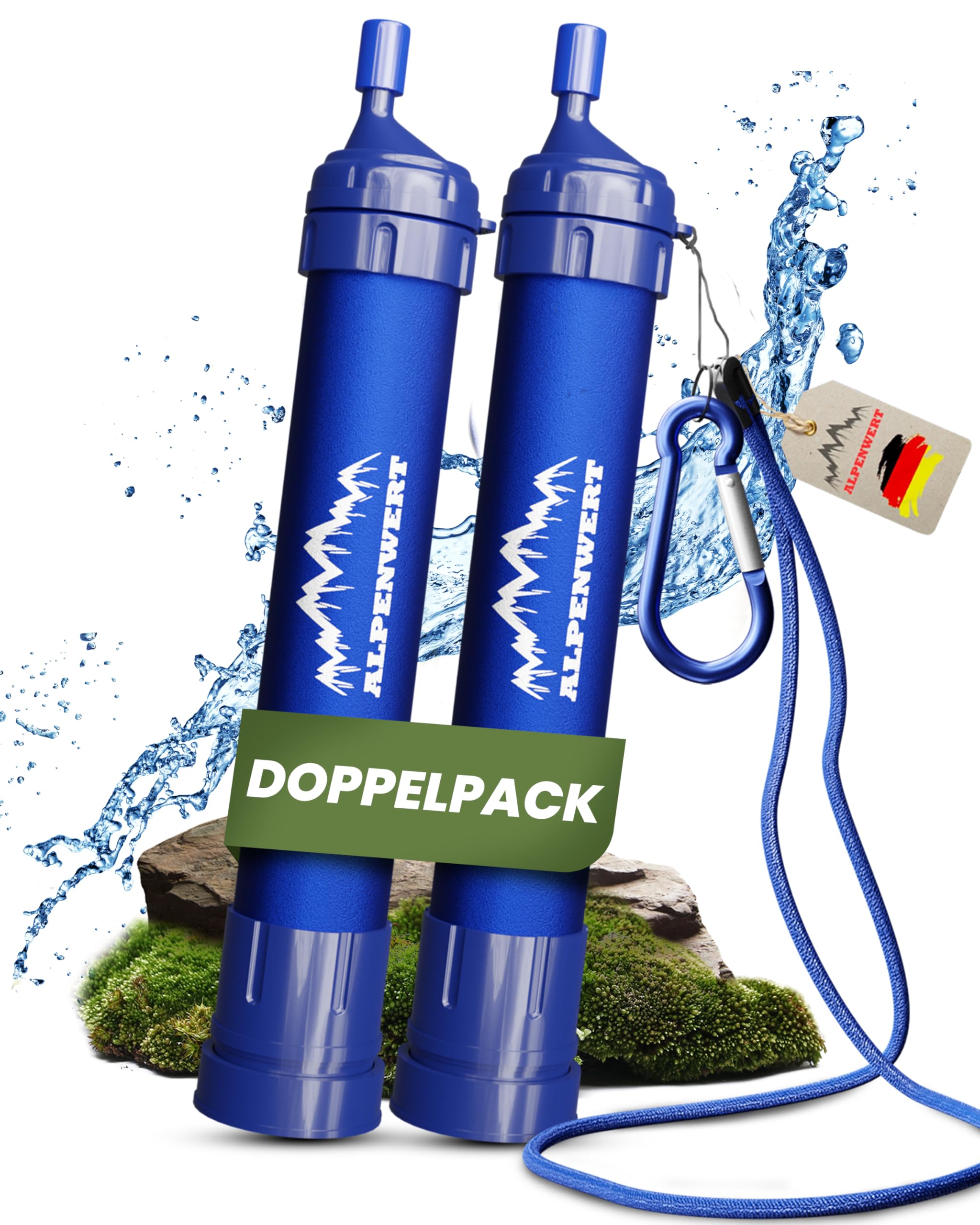 ALPENWERT Wasserfilter Outdoor Doppelpack - Trinkwasserfilter für 4000 Liter gefiltertes Wasser - Trinkwasseraufbereitung die 99,99% aller Keime und Bakterien abtötet