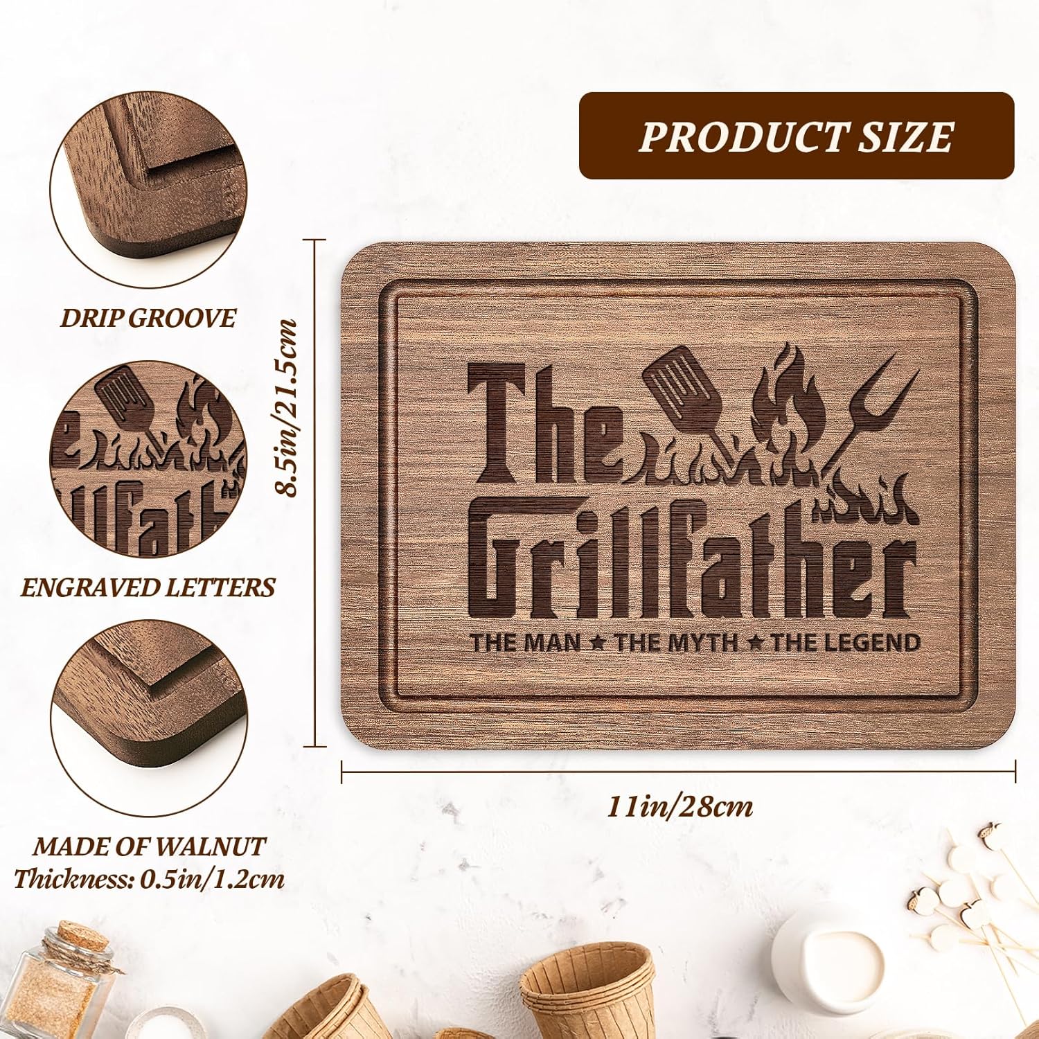 Dad Birthday Gift, The Grillfather Walnut Wood Cutting Board, Dads Gift from Daughter Son, Cool Kitchen Gifts for BBQ, Grill Masters, Father's Day Gift for Dads, Father, Daddy - Image 4