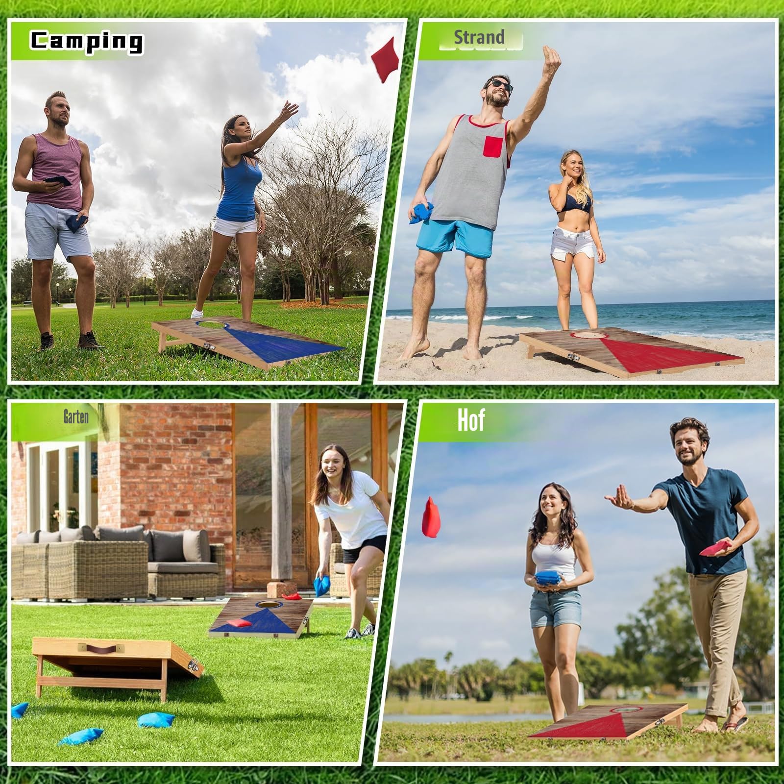 NZQXJXZ Cornhole Spiel Outdoor, 60 x 40 cm Massivholz Premium Corn Hole Boards mit 6 Cornhole Säckchen und Einer Tragetasche, Tragbar Cornhole Toss Set für Familie und Erwachsene