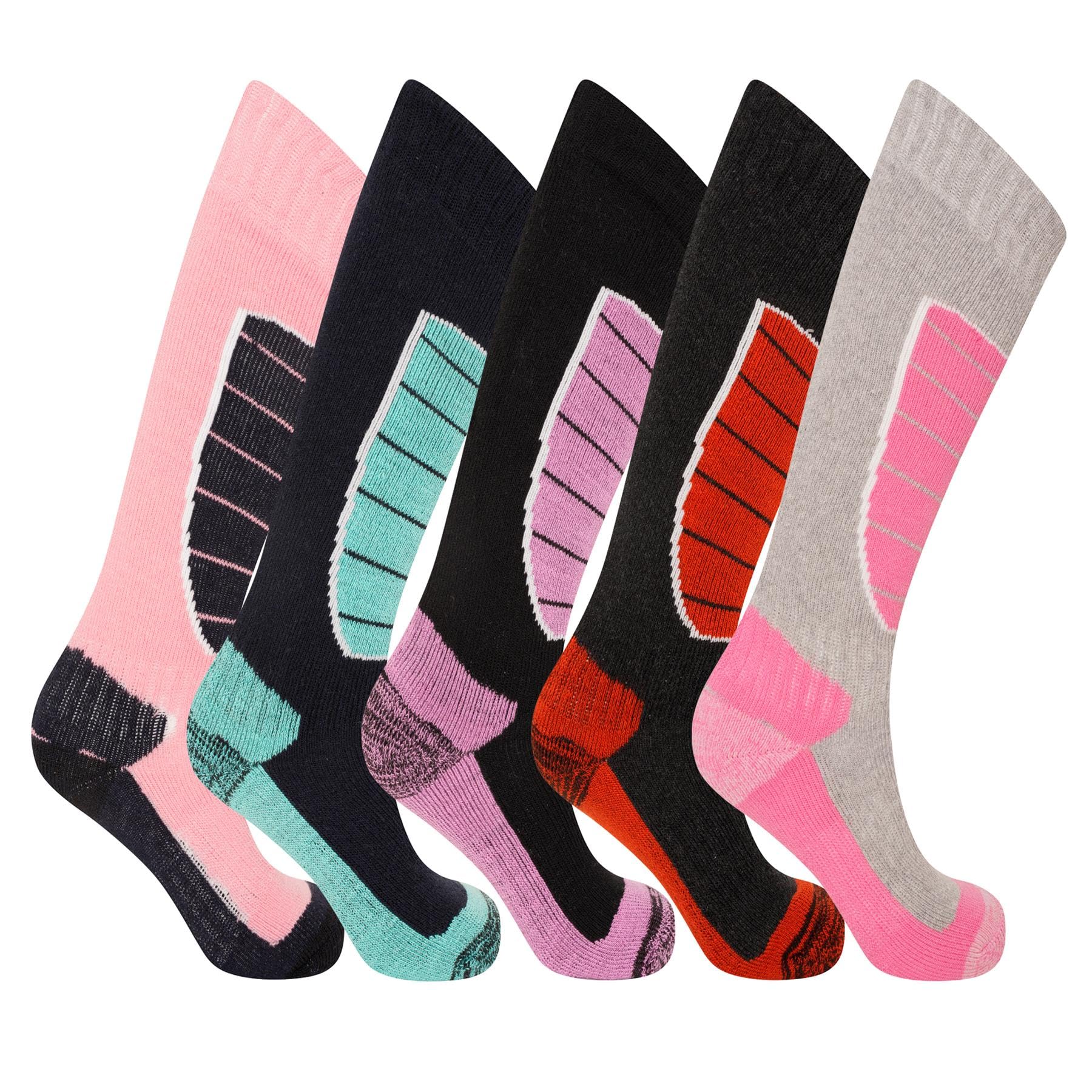 5 Pairs Ladies High Performance Thermal Ski Socks - Multicoloured - Ladies UK Size 4-6 - (EU 37-39)