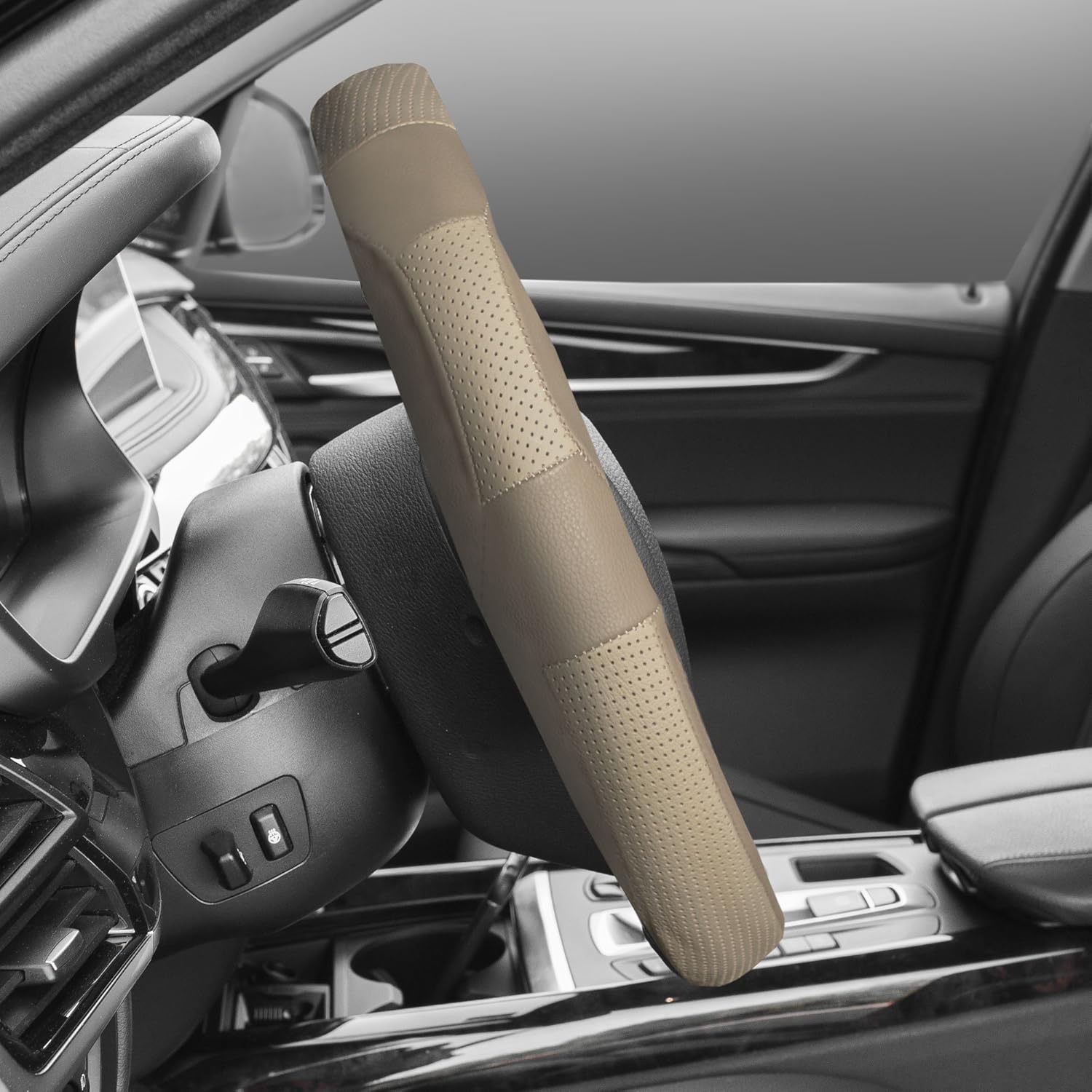 FH Group Universal Fit Deluxe Full Grain Authentic Leather Solid Beige Steering Wheel Cover Fits Most Cars, SUVs