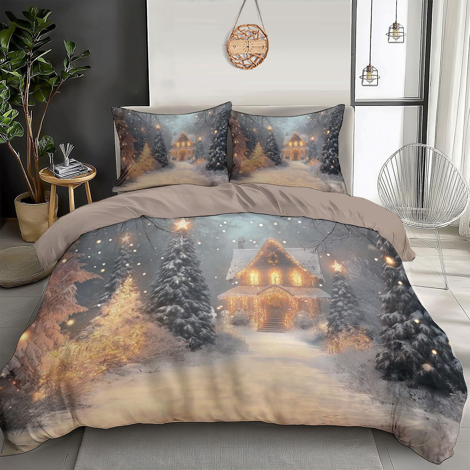 Housse de Couette de Noël Cosy pour Lit Double Motif Forêt Enneigée Grise