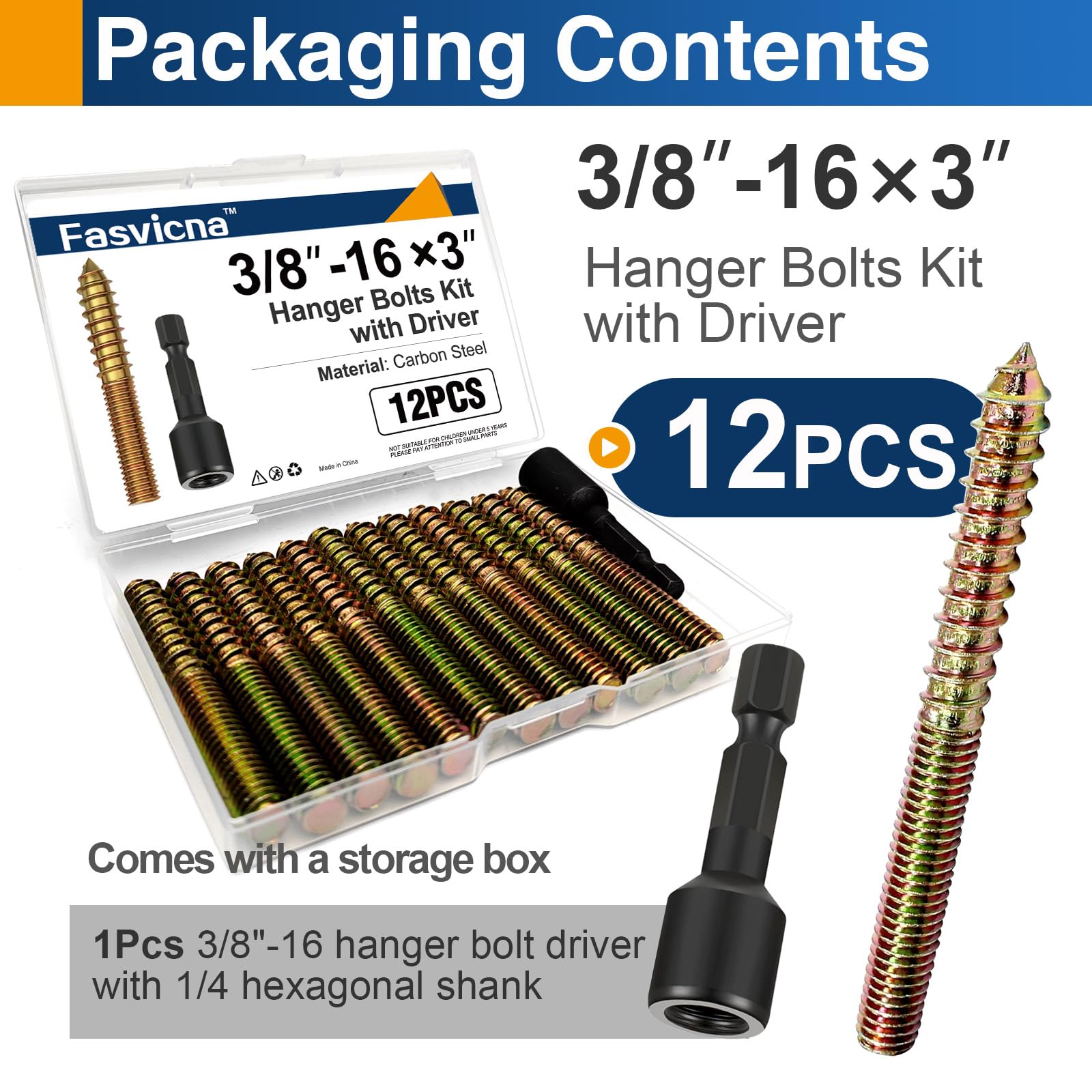 Hanger Bolts - 12 Pack 3/8-16 x 3 Carbon Steel -3
