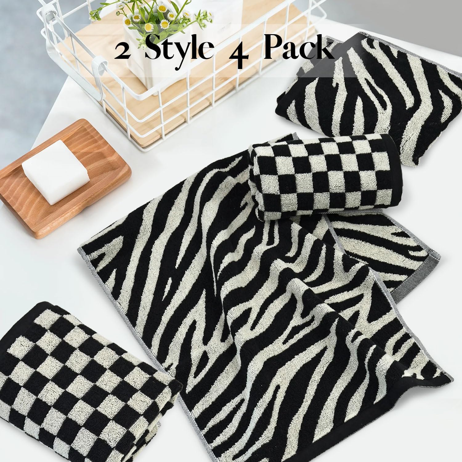 Jacquotha Bathroom Hand Towels 2 Style 4 Pack - Black Hand Towel Checkered and Zebra, Cotton - Image 3