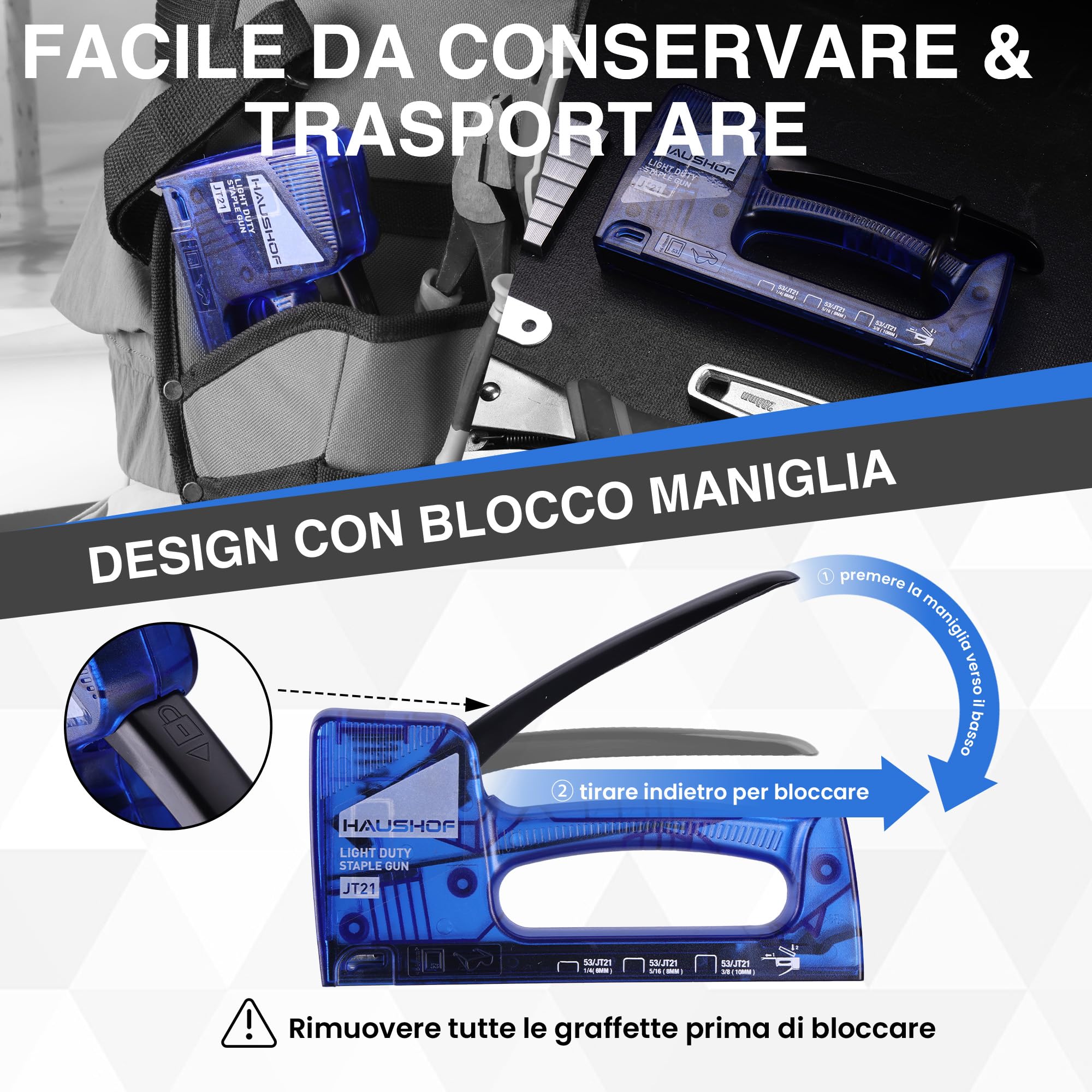 HAUSHOF Pistola Sparachiodi Trasparente con 800 Graffette JT21, Graffettatrice Impugnatura con Bloccaggio Automatico, Spillatrice Leggera per Fissare Tessuti, Cartone e Legno Sottile, Blu