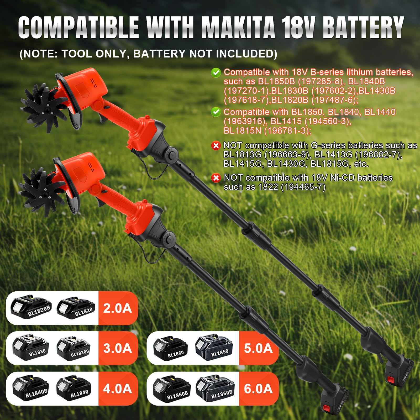 Kabelloser Hand Bodenhacke kompatibel mit Makita 18V Akku (ohne Batterie), 550W Gartenfräse mit 10cm Frästiefe und 10cm Fräsbreite, Ackerfräse (Mit 1,3m Verlängerung)