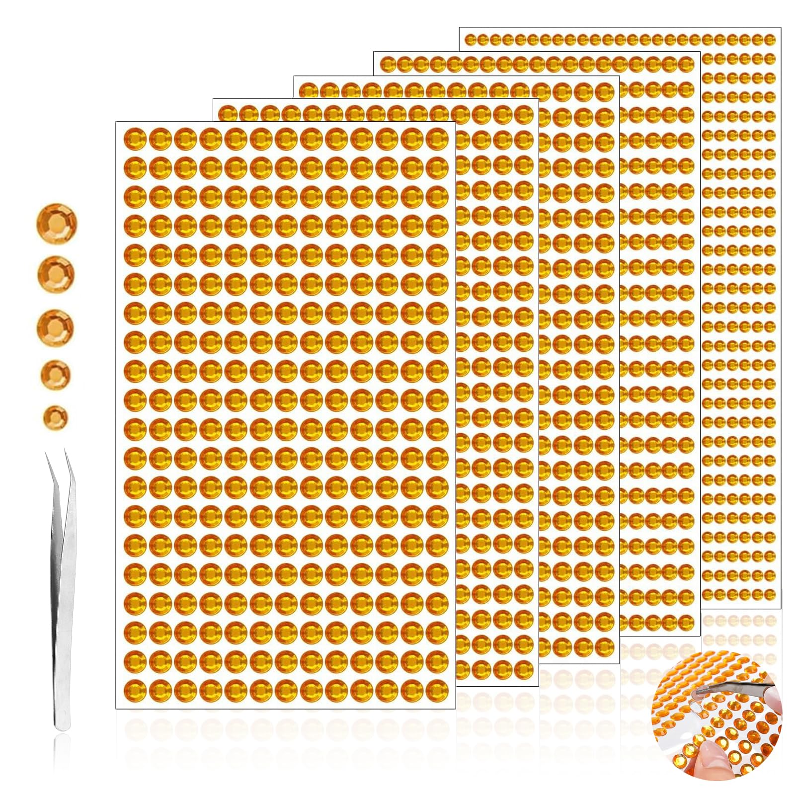 Gem Stickers, 2100 Pcs Rhinestone Stickers Self Adhesive Gem Stickers for Crafting 3/4/5/6mm Gold Stick on Diamante Gems Sparkly Jewels for DIY Crafting