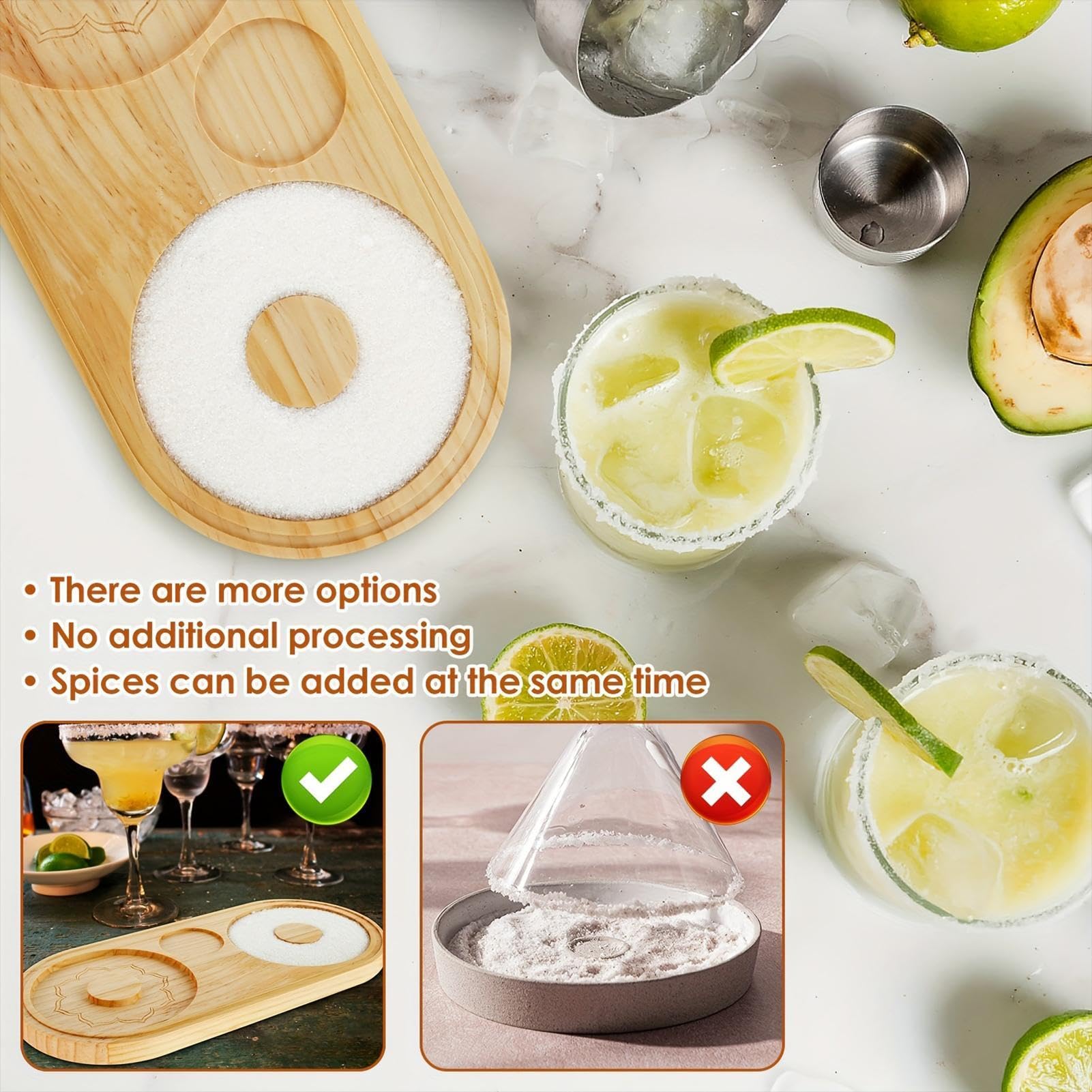 Drink Rimmer Set - Wooden Cocktail Salt Rimmer | Margarita Rimmer Tray Bartender Tool with Stainless Steel Bowl, essentiall Sugar and Salt Glass Accessory for Margaritas and Cocktails barr Parties