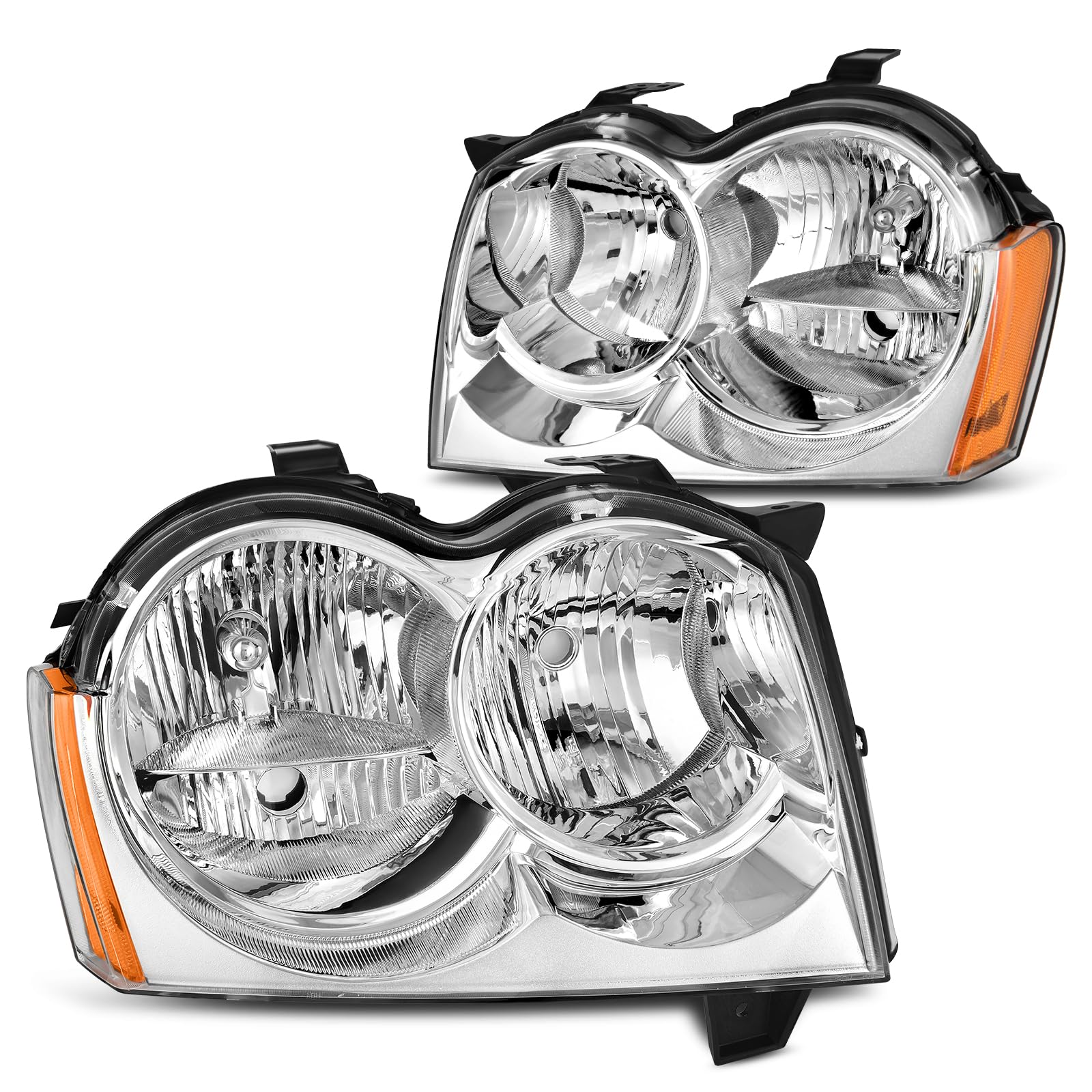 Headlight Assembly Compatible with 2005 2006 2007 Jeep Grand Cherokee Headlights, 05-07 Headlamp Chrome Housing Clear Lens Amber Reflector (Passenger and Driver Side)