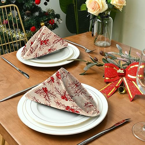 Miniatura 4 de Juego de 4 servilletas de tela, diseño de bayas de acebo, de poliéster, para decoración de bodas y Año Nuevo