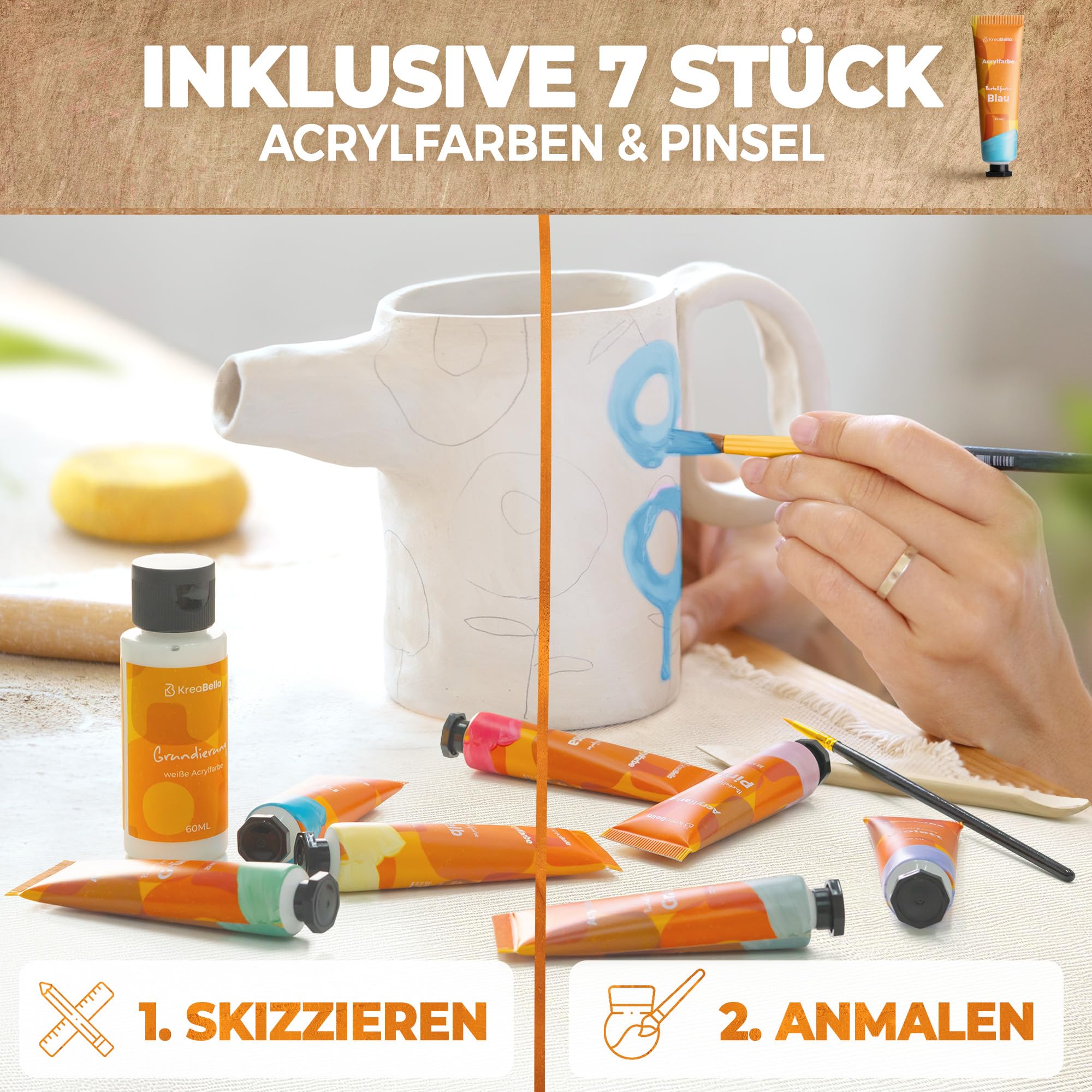 Töpferset - DIY töpfern für Zuhause, Lufttrocknender Ton zum basteln, selbsttrocknender Ton, Trockenton-Set zum kreativ Töpfern, Keramik Kreativset, Tonset ohne Brennen, Geschenke