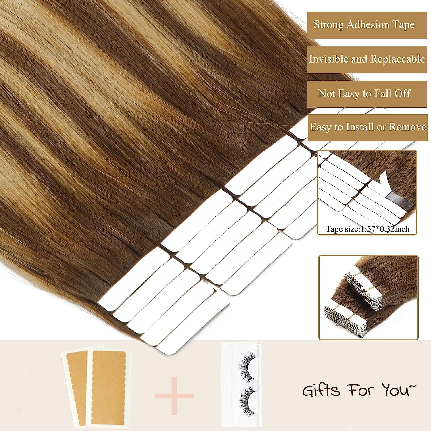 Loxxy Invisible Tape in Hair Extensions Real Human Hair 40Pcs 100G 18Inch Double Side Skin Weft Ombre Medium Mixed to Caramel Blonde Tape in Human Hair Extensions Natural Straight Thick End #R4-4/27