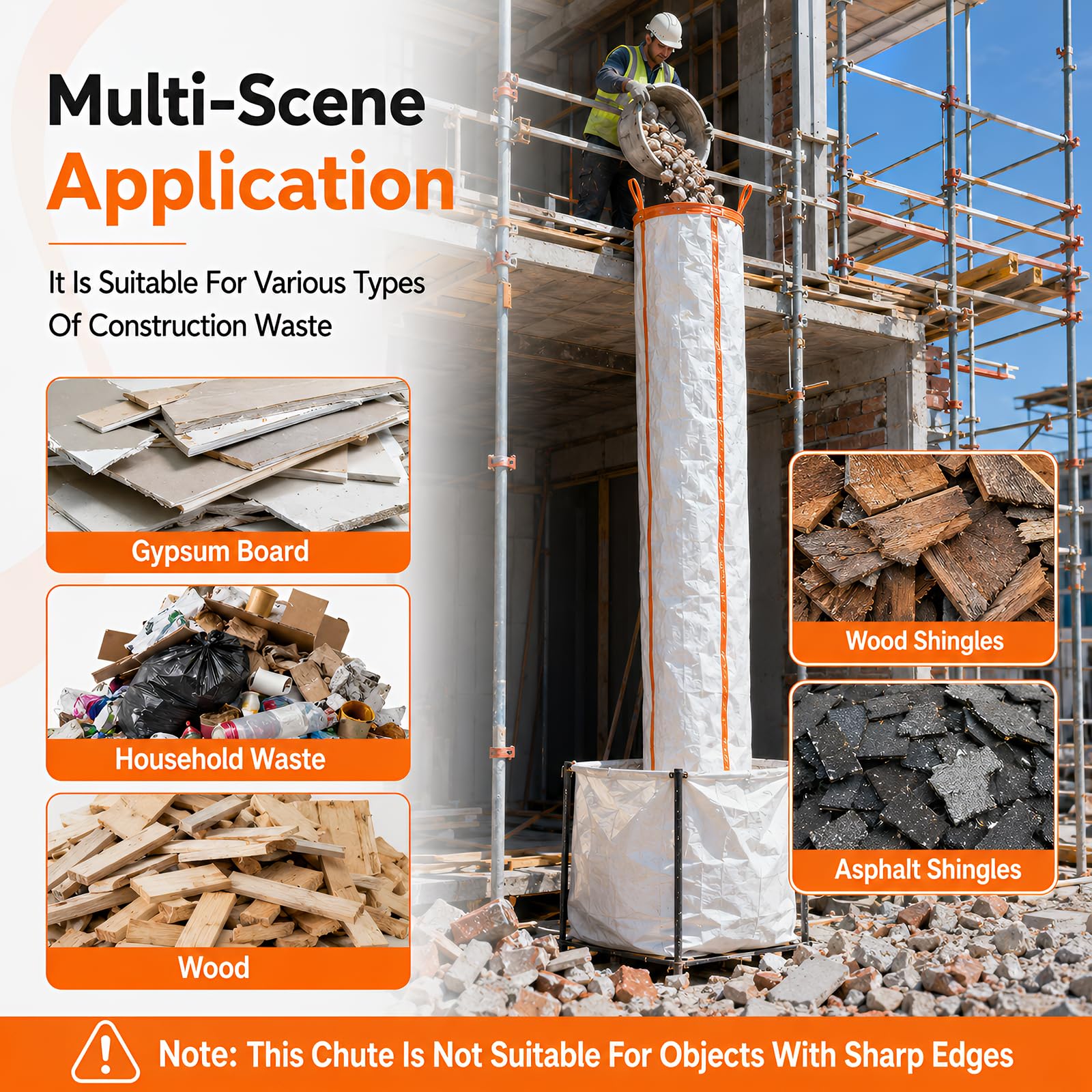 Canal de Residuos de Obra 3 Unidades 3m Polipropileno Resistente, Tubo de Escombros Apilable Plegable para Reforma y Demolición, Kit Completo con Correas y Bridas