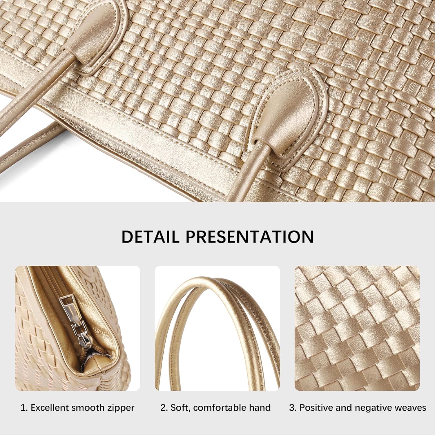 Woven Tote Bag For Women Hand Make Vegan Leather Shoulder Bag Handbag Zip Closure Beach Tote Travel Hand Bag - Image 5