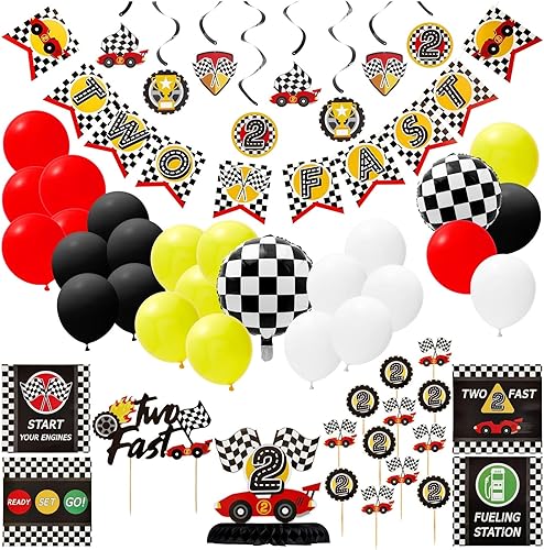 BLUE PANDA - 51 piezas de decoración de cumpleaños con temática de auto rápido, suministros de fiesta, incluyendo pancarta, decoración de pasteles,