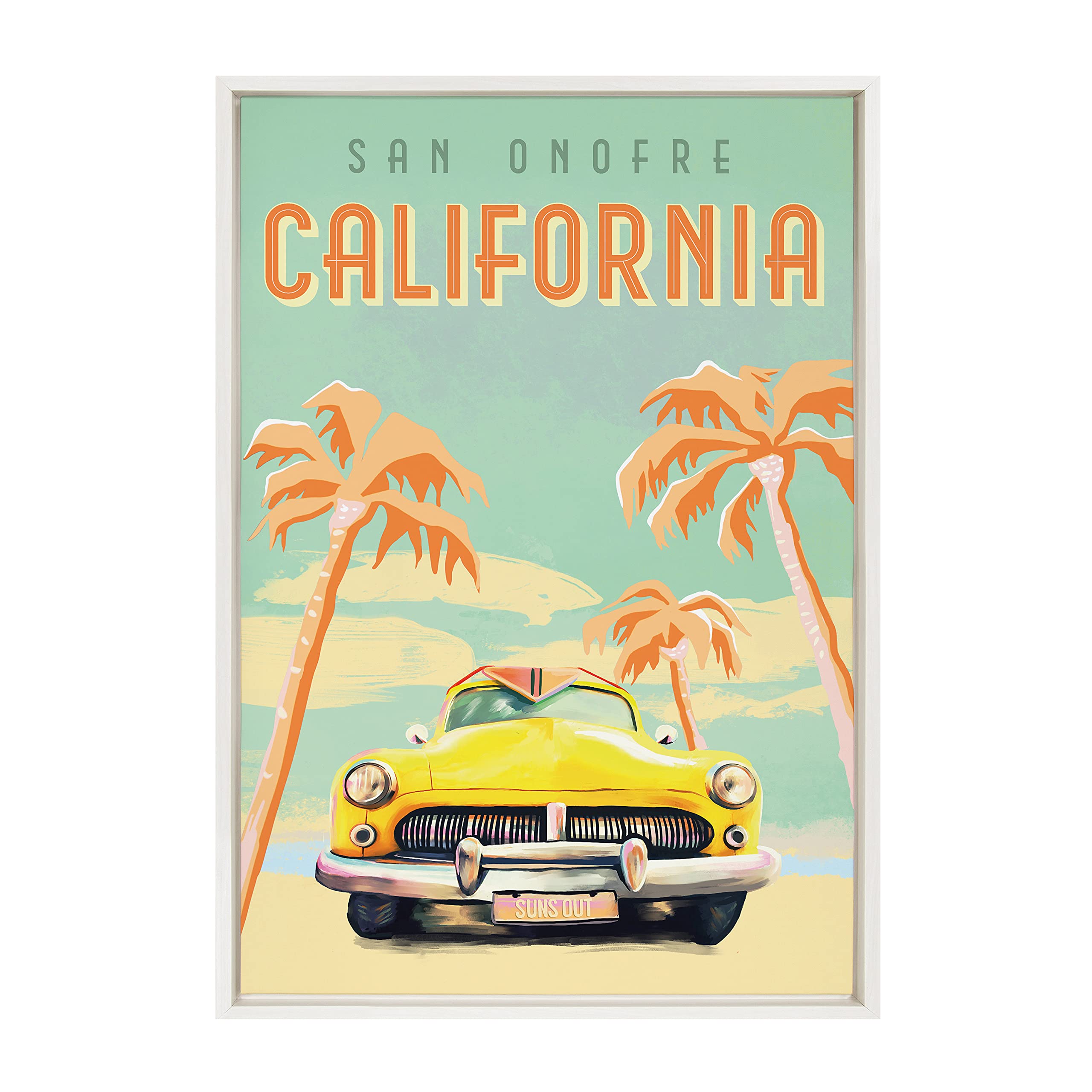 Kate and Laurel Sylvie San Onofre Aqua Framed Canvas Wall Art by The Whiskey Ginger, 23x33 White, Coastal California Art for Wall