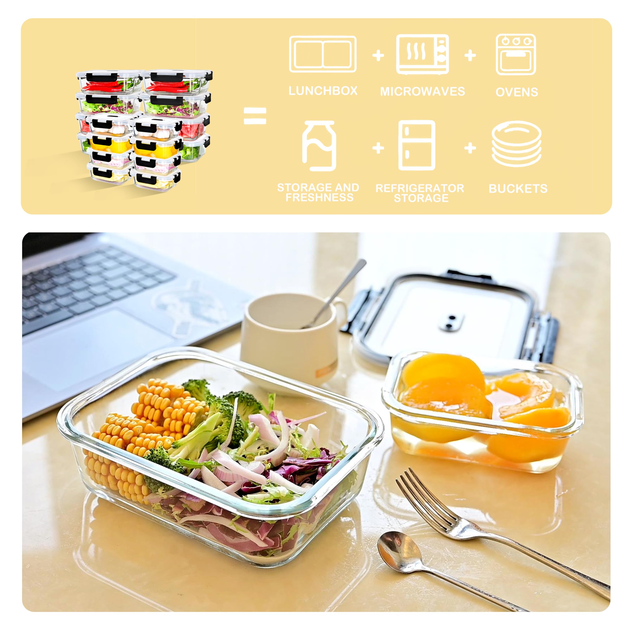 ERUIV Fiambreras de cristal con tapa, 2 recipientes de cristal de 640 ml, recipiente de cristal transparente con tapa, apto para microondas y congelador, a prueba de fugas, sin BPA, transparente, sin