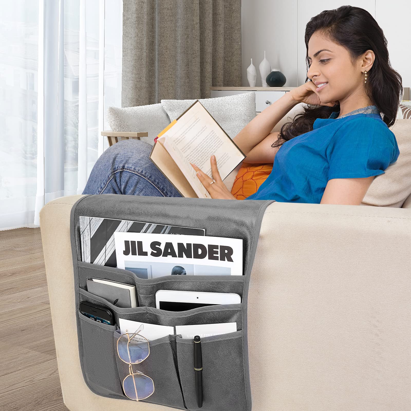 Teniux Supporto per telecomando in finta pelle con 6 tasche, per divano reclinabile, per poltrona, per smartphone, libri, riviste, iPad, telecomandi (grigio scuro)