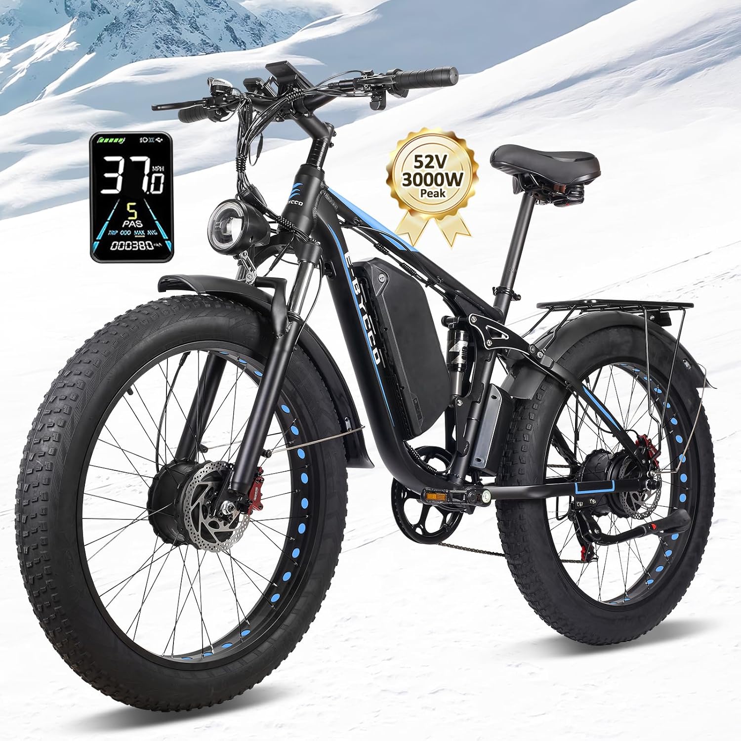EBycco Peak 3000W Dual Motor Electric Bike for Adults, 52V 23Ah, 37MPH&85Miles, Hydraulic Disc Brake, 26” Fat Tire All Terrain E-Bicycle Fast Hunting E-Bike, Full Suspension, UL 2849 Certified EBycco Peak 3000W Dual Motor Electric Bike for Adults, 52V 23Ah, 37MPH&85Miles, Hydraulic Disc Brake, 26” Fat Tire All Terrain E-Bicycle Fast Hunting E-Bike, Full Suspension, UL 2849 Certified