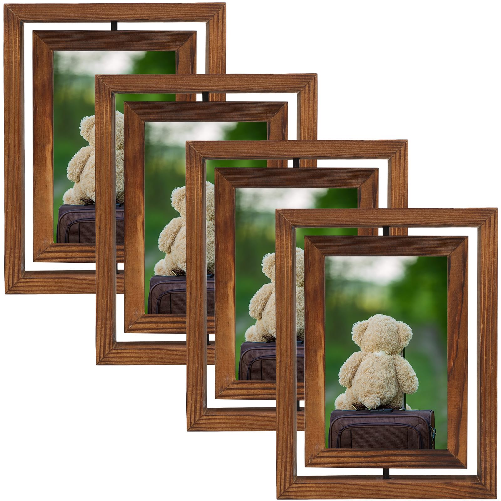 Fixwal 4 Pack 5x7 Rotating Picture Frame, Solid Wood Frame with Double-sided Real Glass, Photo Frame for Tabletop Display, Rustic Style Carbonized Brown