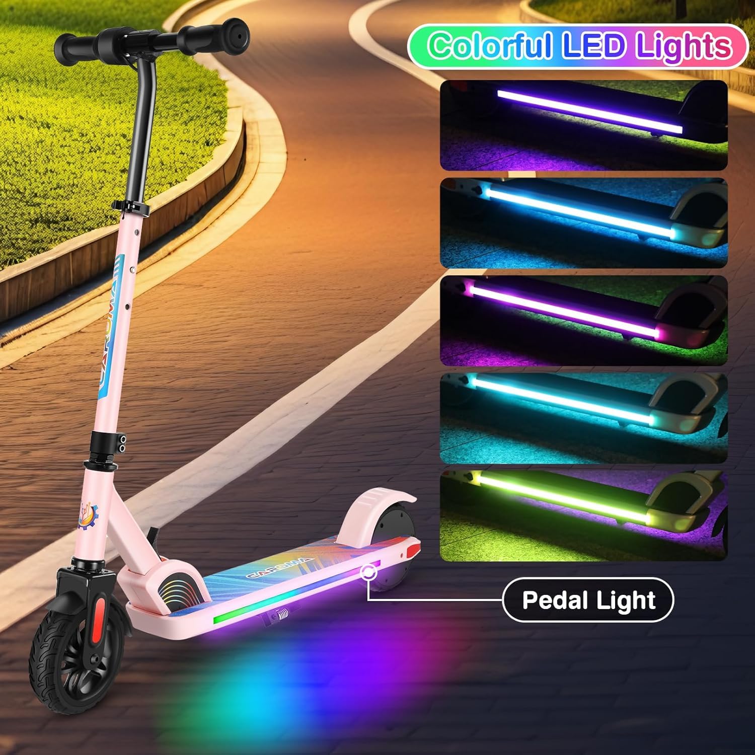 Caroma Elektroroller für Kinder von 6-12 Jahren, 150W Motor bis 16 km/h, 12km Reichweite E Scooter, Faltbarer E Roller mit Bunte Leuchten & LED-Display, Einstellbare Geschwindigkeit & Höhe
