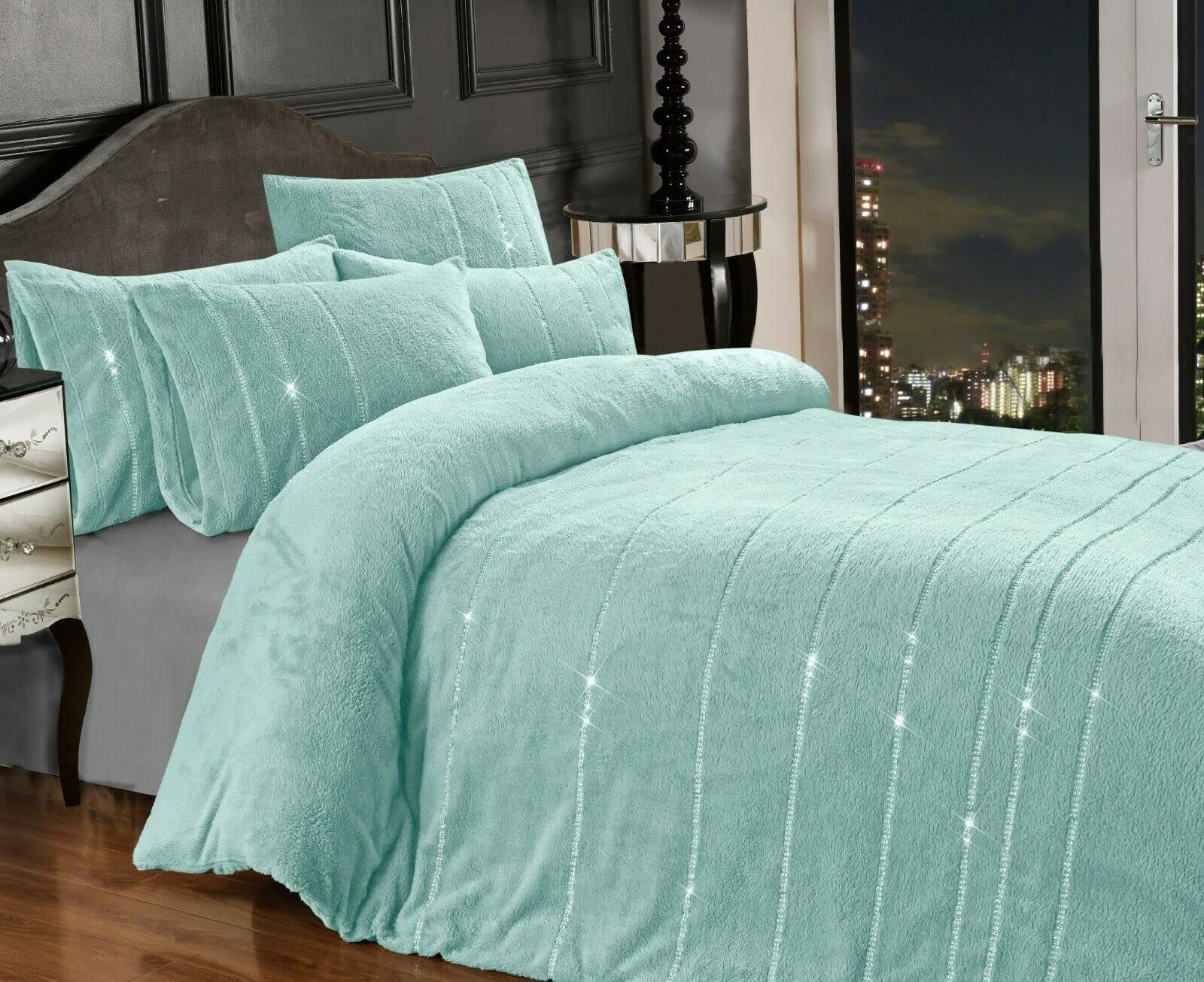 Teddy Bear BLING Diamante Fleece Duvet Cover with Pillow Case Thermal Warm Soft Cozy Bedding Bed Set (Duck Egg Blue Green, King)