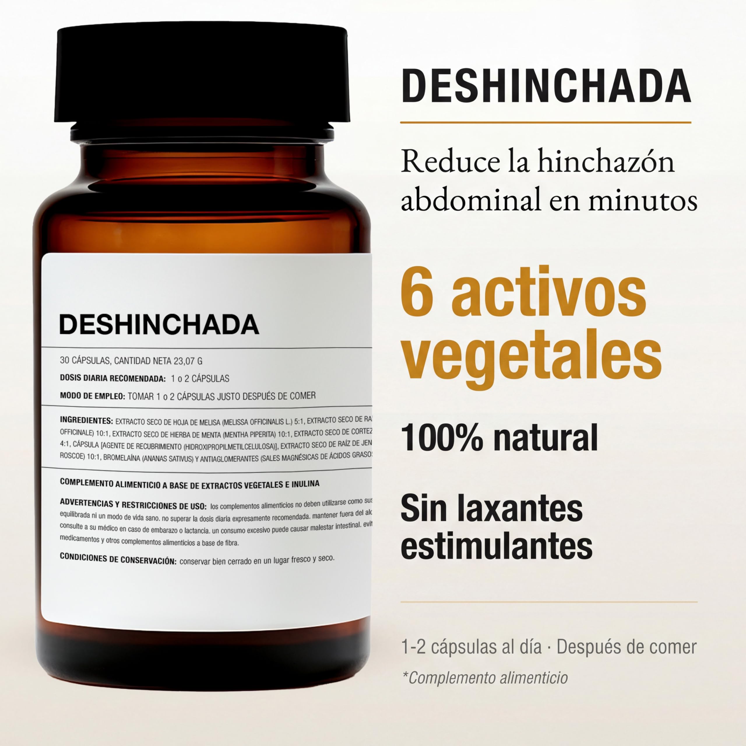 afrodite DESHINCHADA Suplemento Digestivo para Gases e Hinchazón Abdominal, con Bromelaína, Jengibre, Menta Piperita y Diente de León, 30 Cápsulas Vegetales
