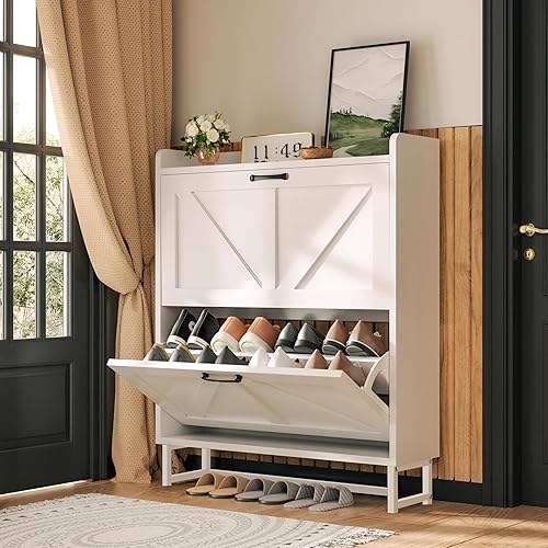 Vista 27 de Armario de almacenamiento para zapatos para entrada delgado y estrecho con 2 cajones abatibles, armario organizador de zapatos oculto de granja