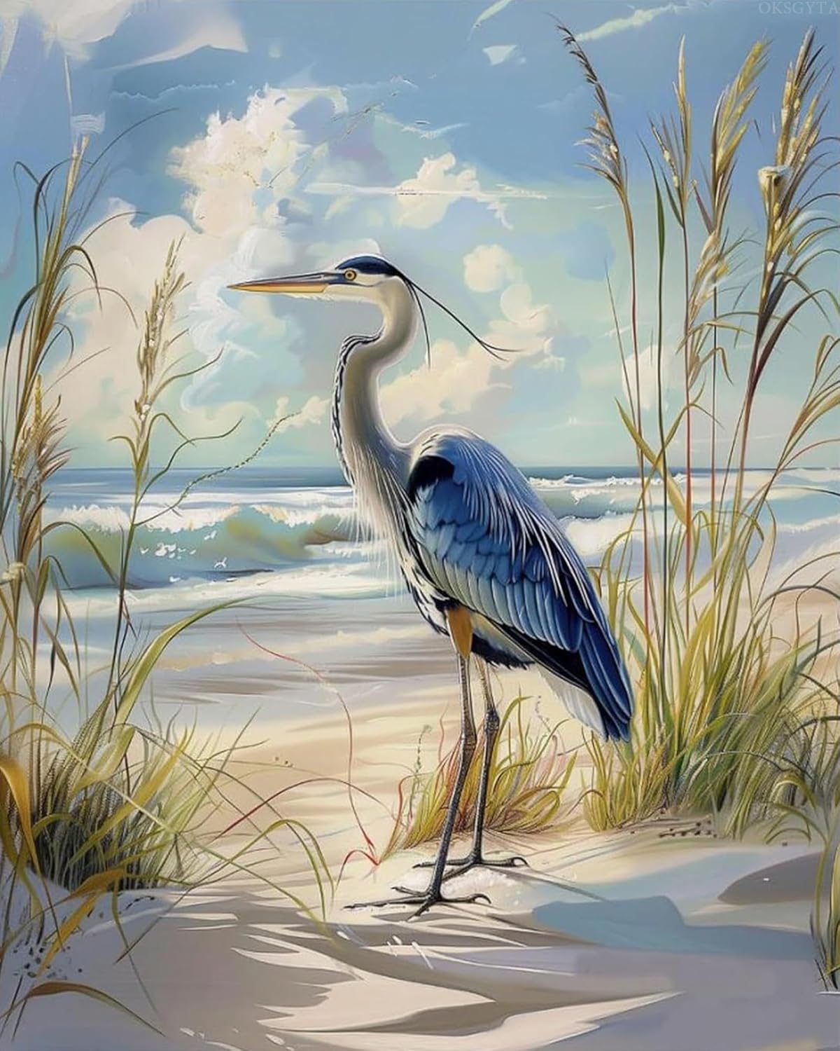 OKSGYTA Blue Heron Beach Paint by Numbers Kit Paint by Numbers DIY Acrylic Drawing Paintworks Artwork Adults Beginners 16x20inch No Frame