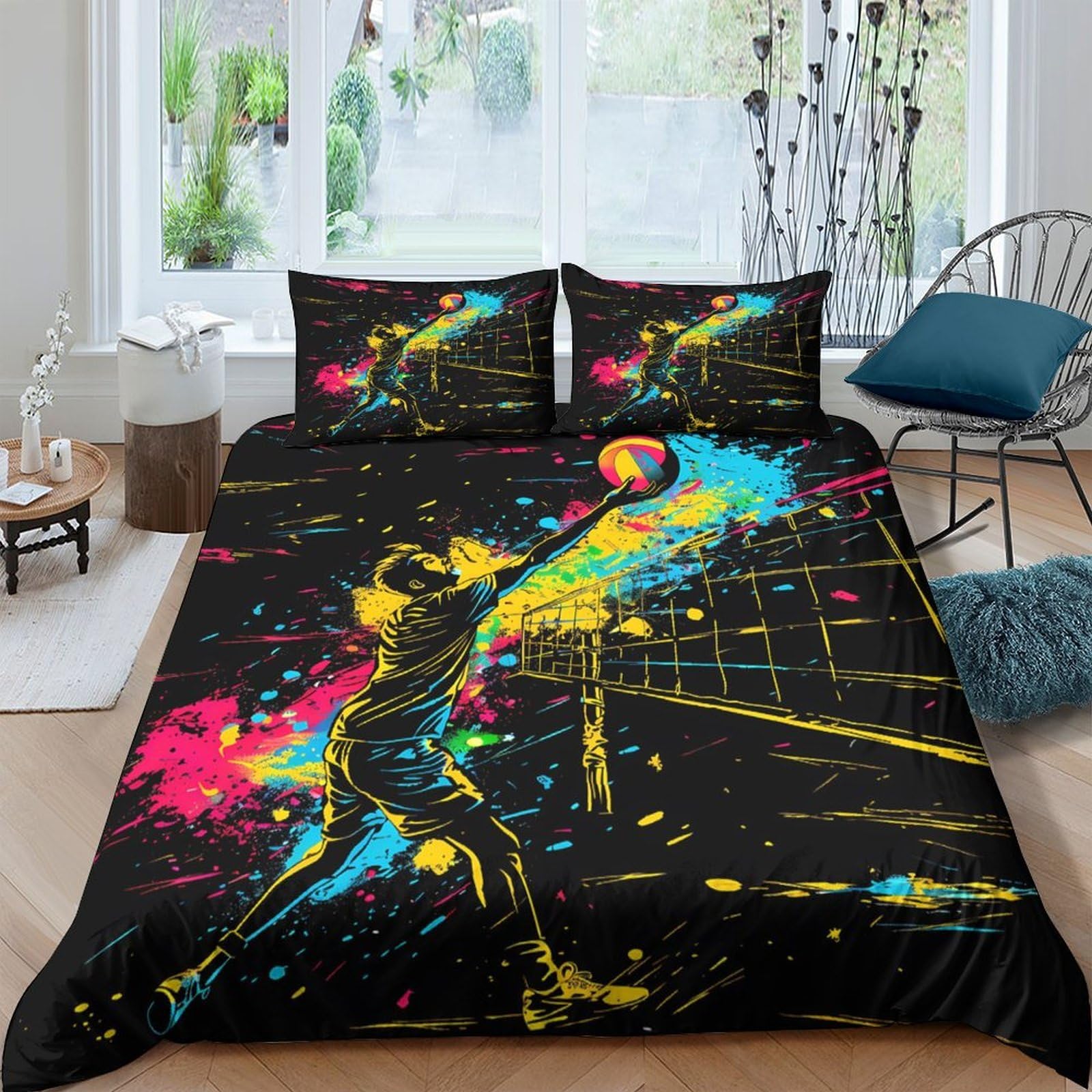 Ctjqhvkz Style-9 3D Printed Colorful Volleyball Fitted Sheet Microfiber Bedroom Decor Dynamic Sports Bed Cover For Home Dorm Single（135X200cm）
