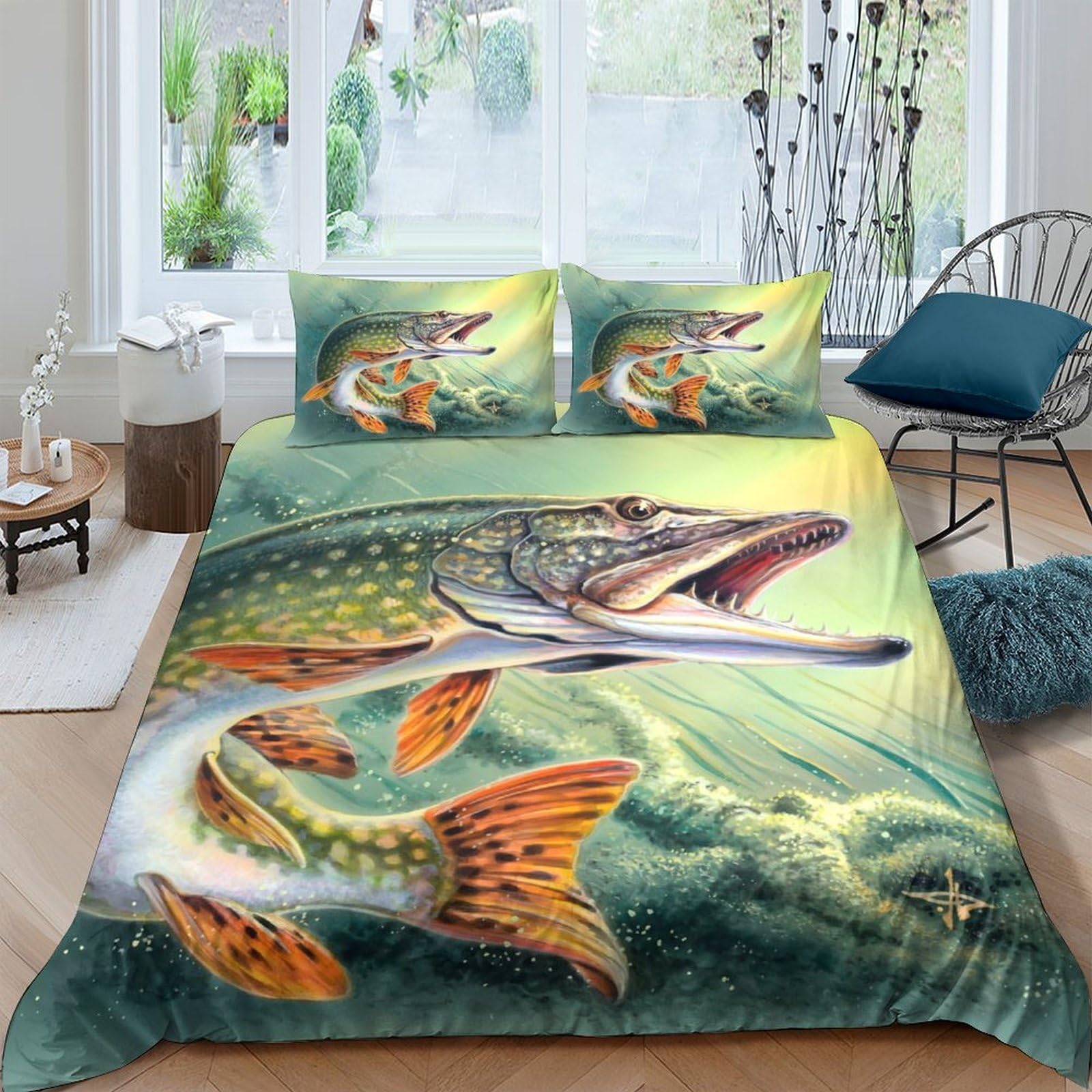 Ctjqhvkz Style-5 3D Printed Lively Pike Fish Fitted Sheet Microfiber Soft Artistic Underwater Bed Cover For Bedroom Decor Mattress Protection Single（135X200cm）