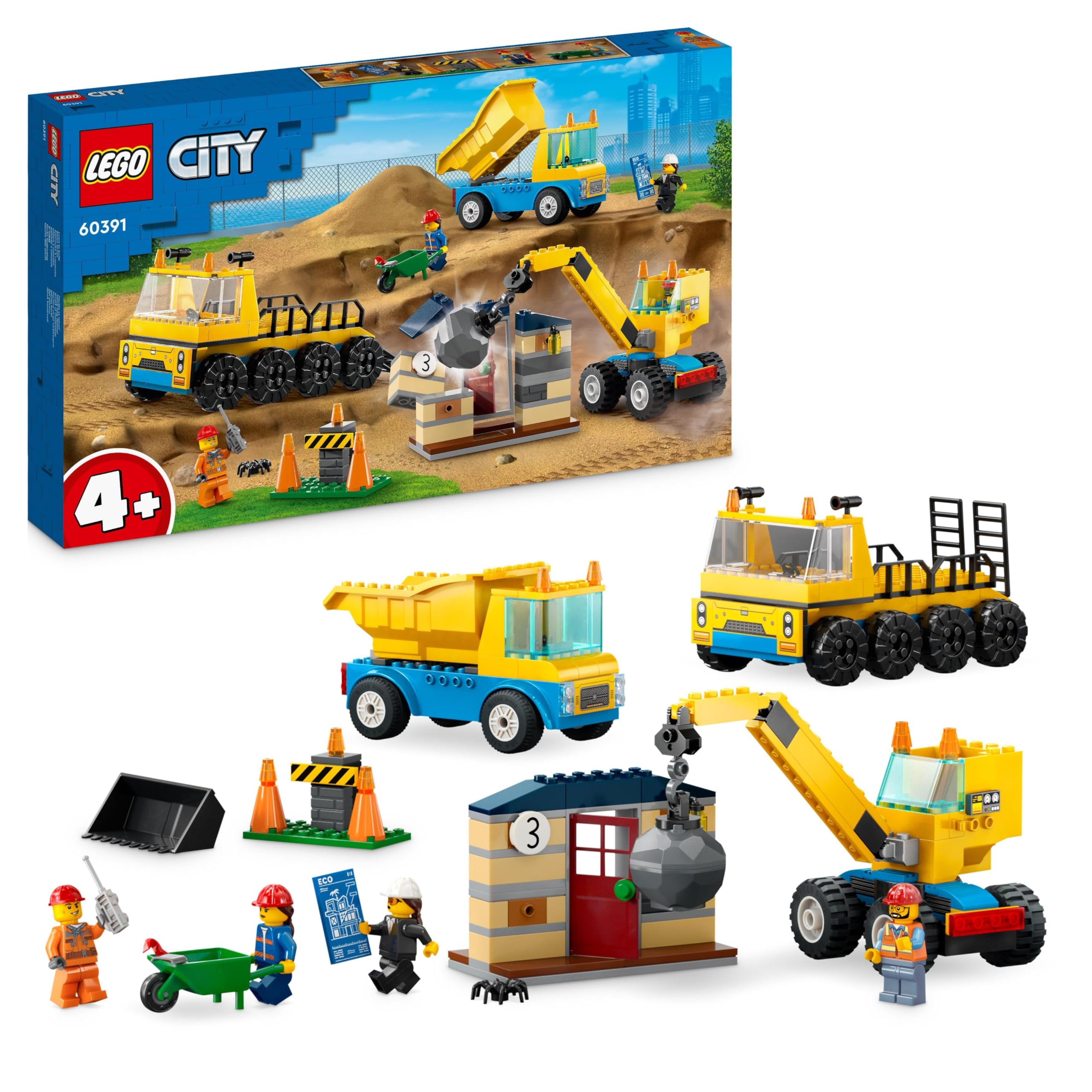 LEGO City Camiones de Construcción y Grúa con Bola de Demolición, Excavadora de Juguete, Camión Basculante y Vehículos de Transporte, Set de Aprendizaje para Niños y Niñas a Partir de 4 Años 60391