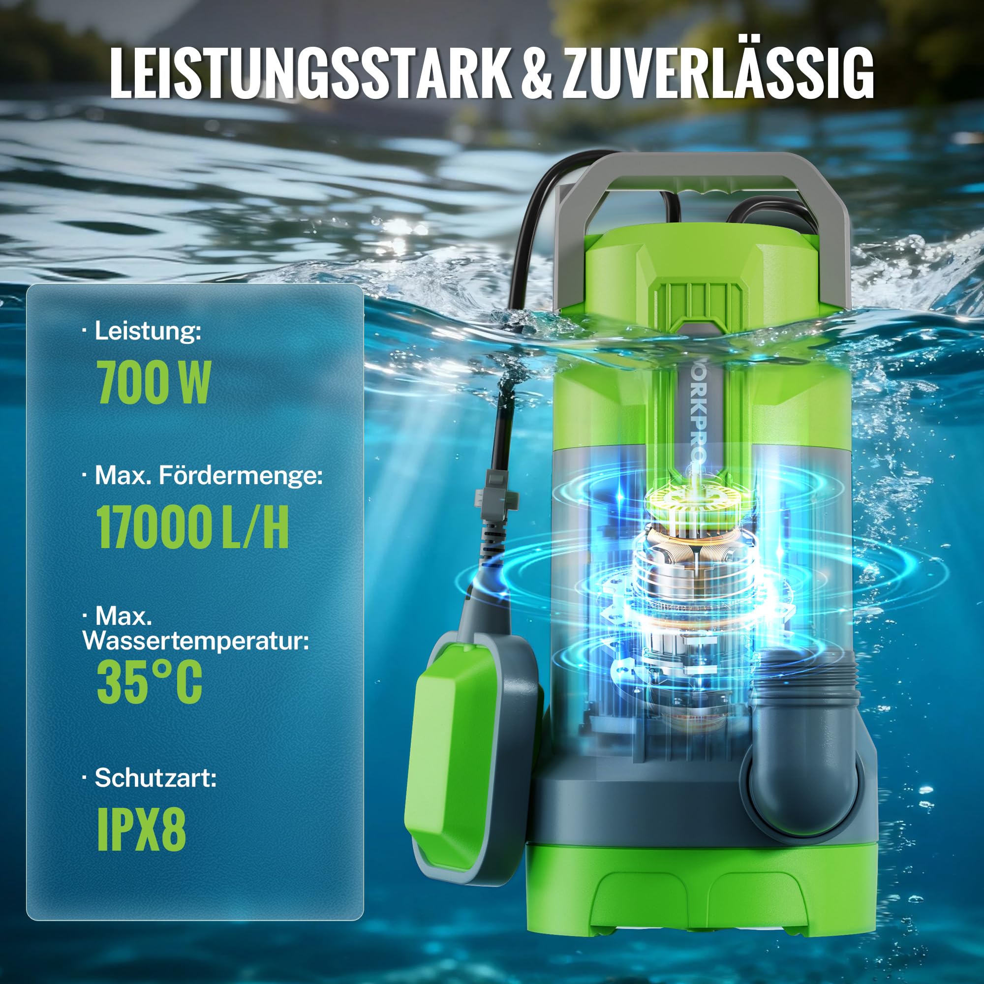 WORKPRO Schmutzwasserpumpe, 700W Tauchpumpe mit Fördermenge 17.000 l/h, Wasserpumpe mit Schwimmerschalter, Max. Förderhöhe 10 m, Max. Eintauchtiefe 7 m, Fremdkörper bis 30 mm, Auto und Manuell-Modus