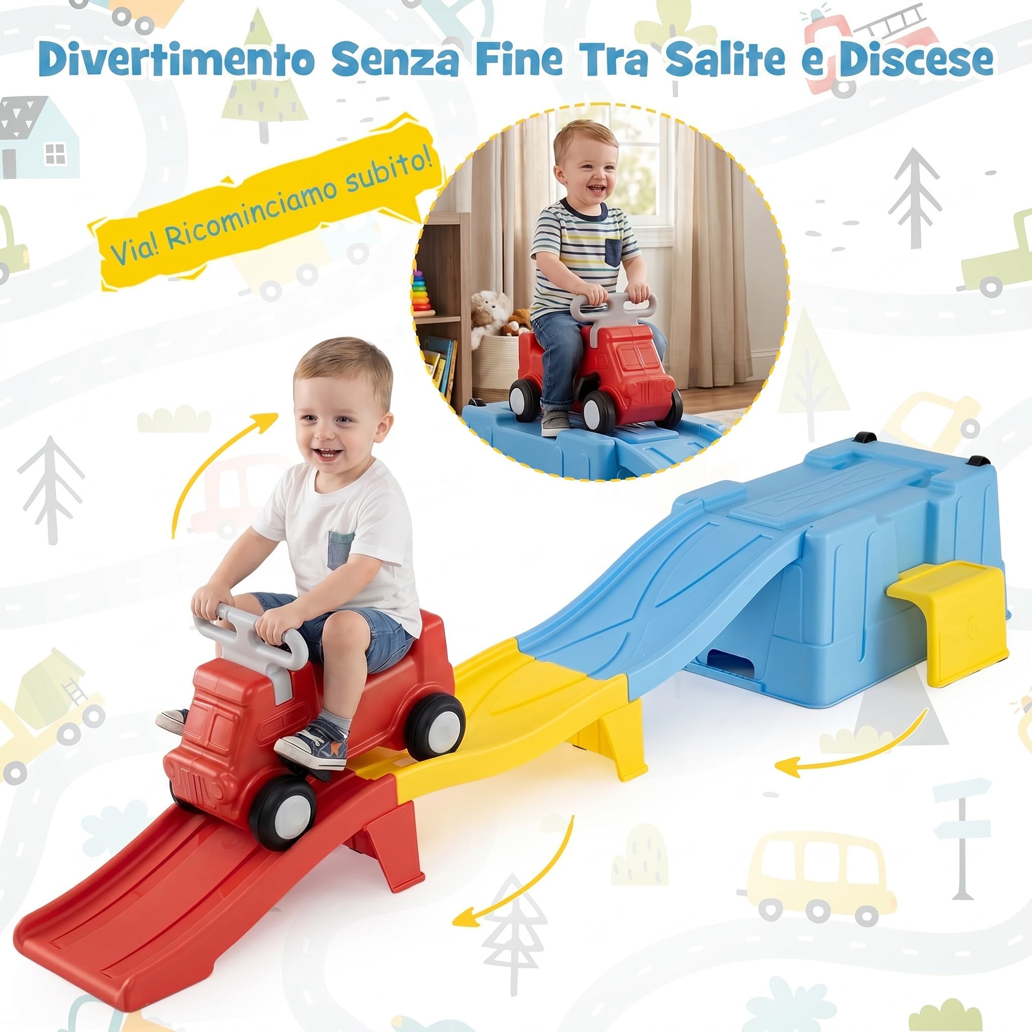 COSTWAY Macchina Cavalcabile con Scivolo, per Bambini 3 Anni+ (Blu) | Auto per Bambini con Scivolo e Vano Portaoggetti con Rotelle, Auto a Spinta per Interno ed Esterno , Portata 68 kg