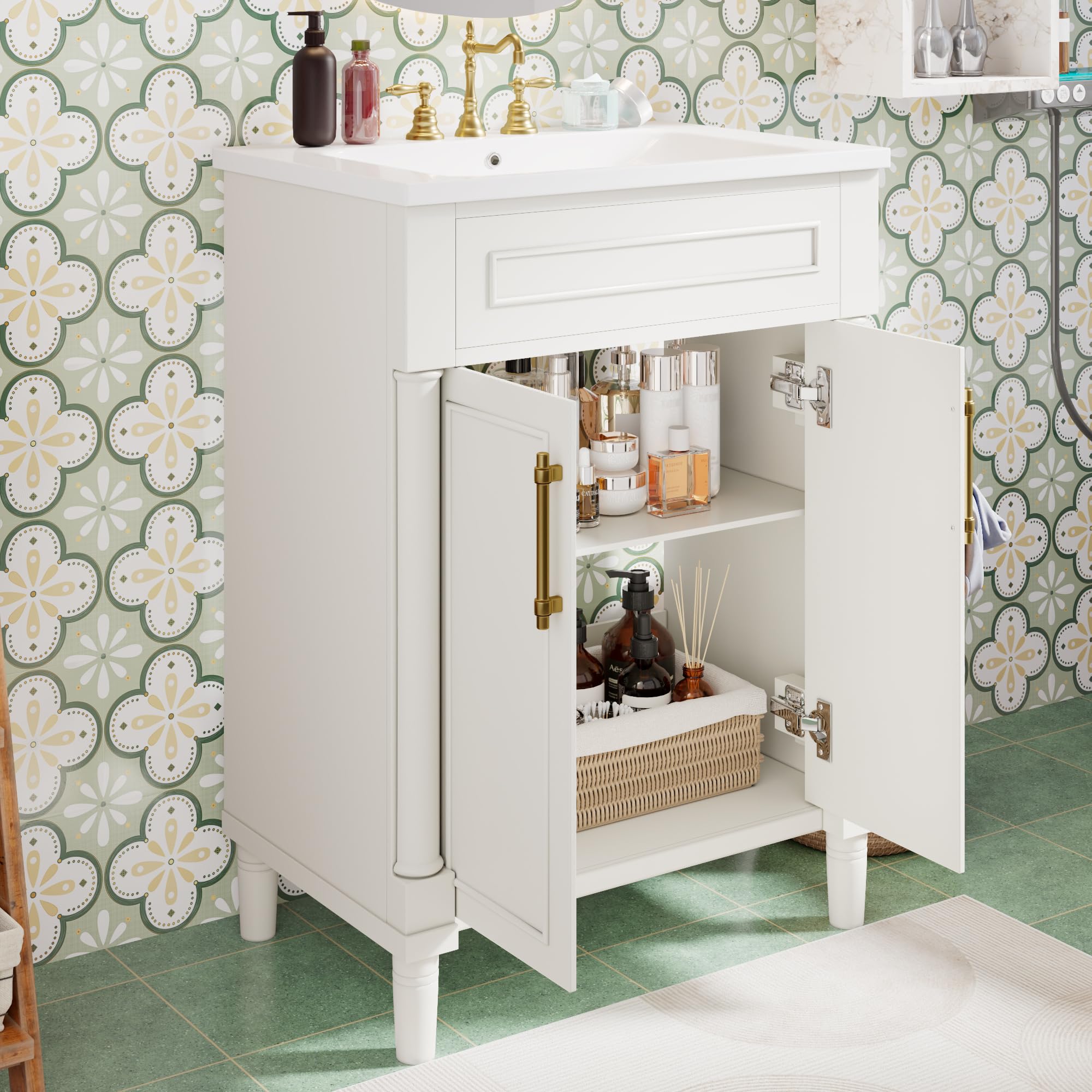 Favfurish 24" Bathroom Vanity with Ceramic Sink, Modern Freestanding Storage Cabinet w/Soft-Close Doors and Adjustable Shelf, Undermount Single Basin Bath Vanity Set for Small Space,White