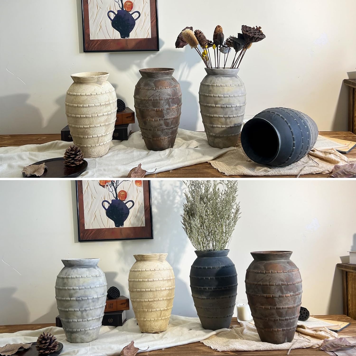 Ceramic Rustic Farmhouse Vase, 12 Inch Flower Vases for Table Decoration, Rustic Pottery Vase for Living Room, Shelf & Bedroom Decor, Vintage Ceramic Vases for Wedding, Brown