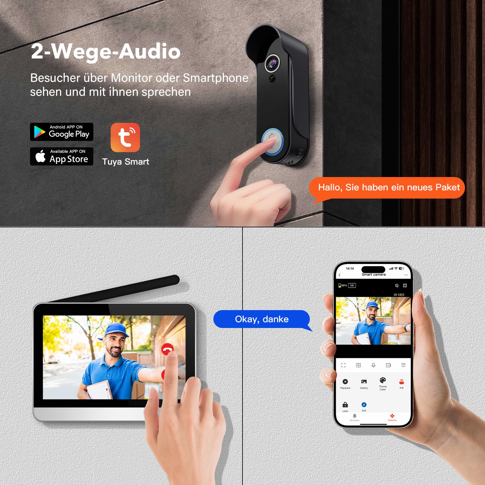 Visiophone sans Fil 7" Ecran 1080P WiFi Interphone Vidéo Connecté avec Batterie, Vision Nocturne, PIR Détection de Mouvement, Audio Bidirectionnel, Tuya APP