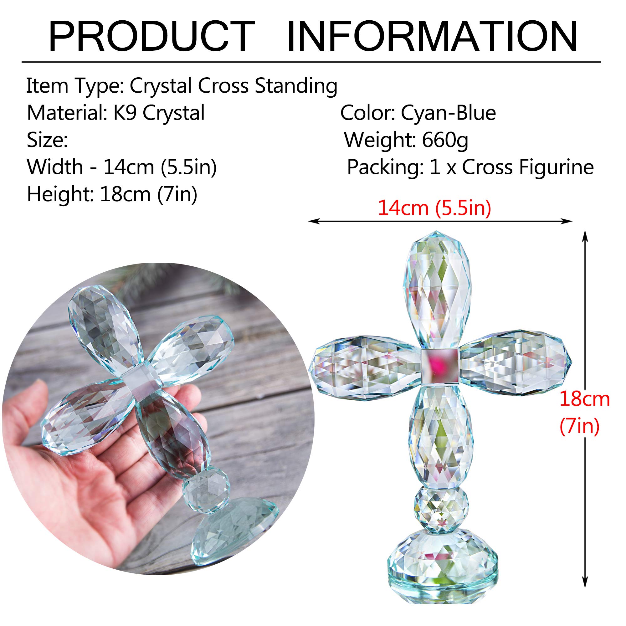 Condition photo showing New/Like New for qfkris crystal cross standing colorful traditional cross figurine 7'' tall glass craft decor for christmas gifts (cyan-blue)