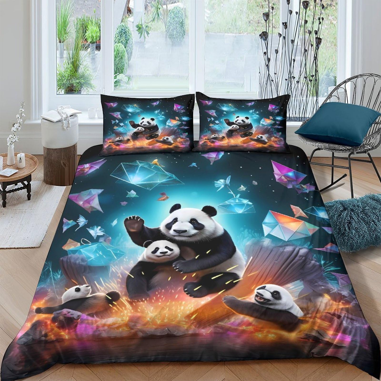 P5V6M1Q9 3D Printed Panda Galaxy Duvet Cover Microfiber Soft Breathable Nebula Quilt Cover Set with 2 Pillowcases for Bedroom Decor Single（135x200cm）