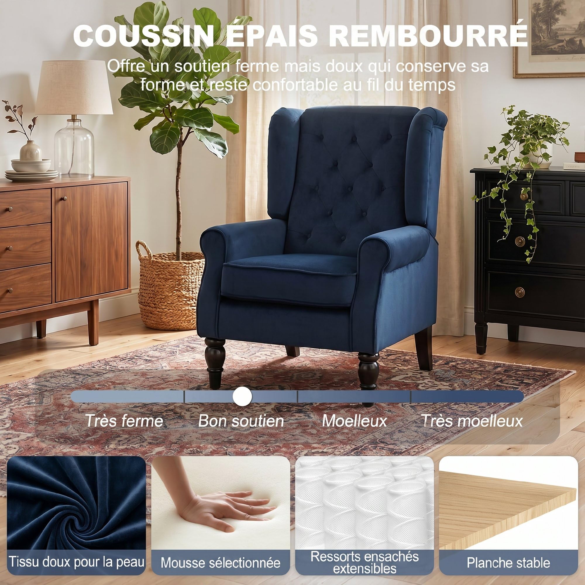 HOMCOM Fauteuil de Salon, Fauteuil Capitonné avec Pieds en Bois, Assise Large, Grand Confort, Style Classique, 74 x 86 x 102 cm, Bleu Foncé