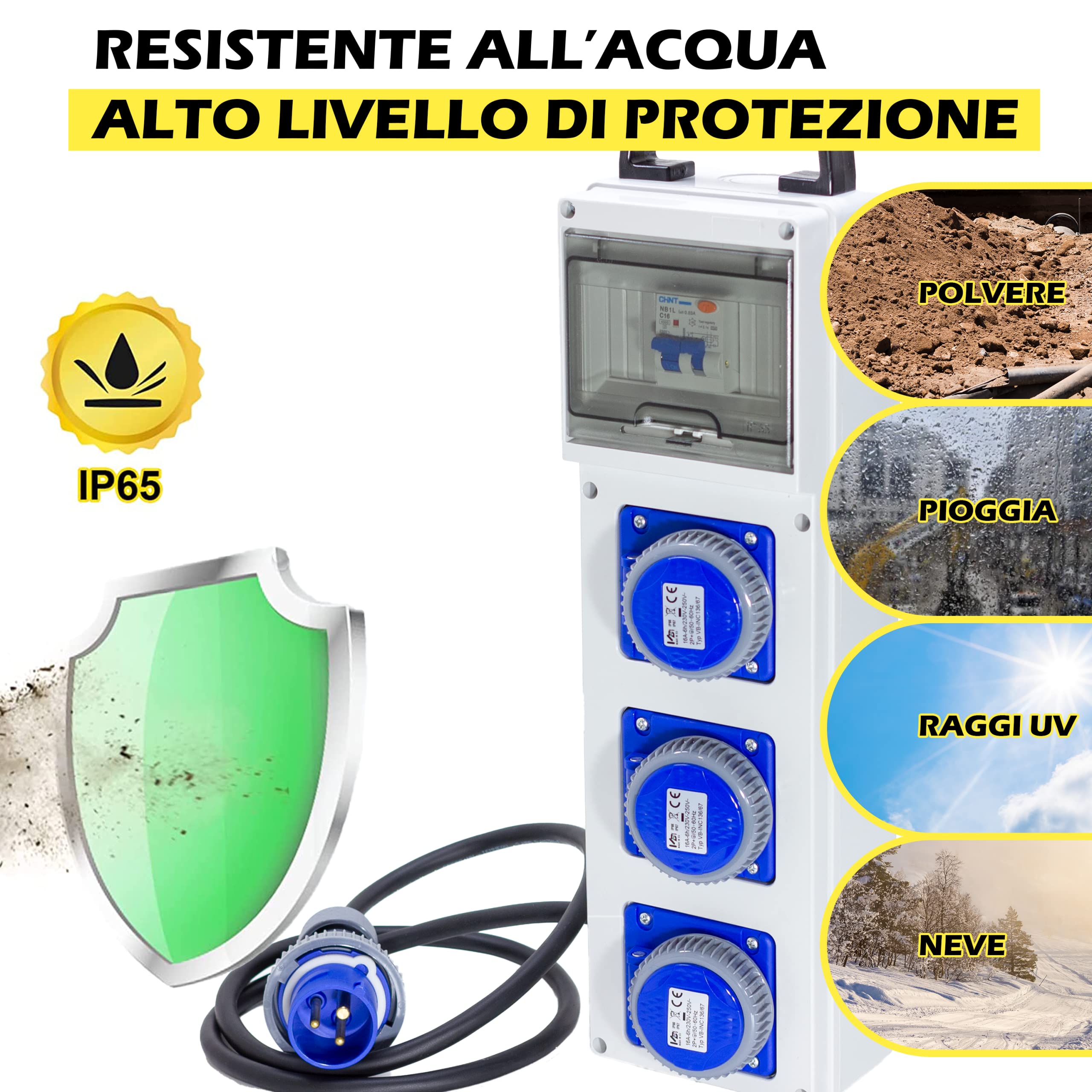 ELETTROWATT - Quadro Elettrico di Distribuzione Industriale da Cantiere ASC Portatile - 3 Prese CEE IP67 da 16A - Magnetotermico da 16A - Quadro Monofase Con Certificazione Inclusa - Made in Italy