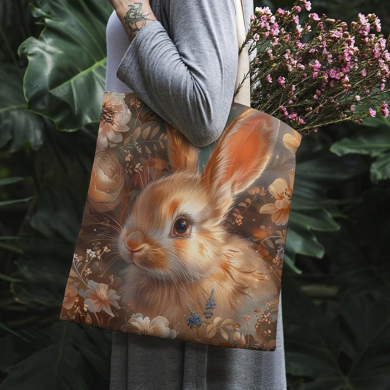 Floral Art Bunny Canvas Tote Bag Reusable Grocery Bags Foldable Soft Cotton Shoulder Carry Bag