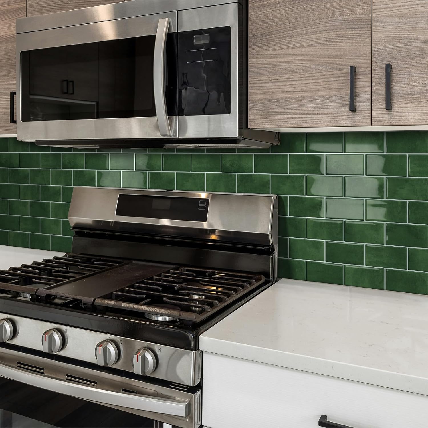 Thick Green Peel and Stick Backsplash Subway Tile 3D Brick Self Adhesvie Wall Tiles for Kitchen Bathroom (10-Sheet, 12"×12")