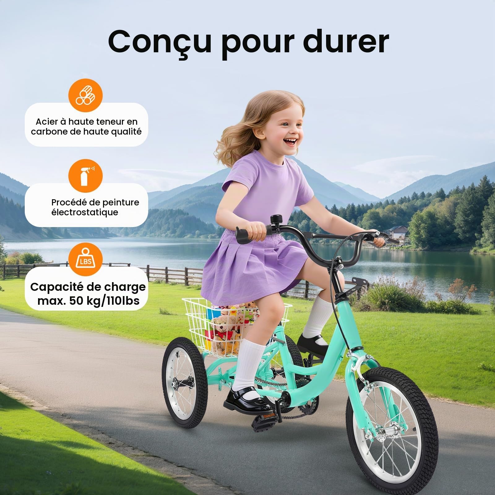 Tricycle pour enfants de 14" - Vitesse unique - 3 roues - Vélo Cruiser - Pour filles et garçons - Avec panier - Loisirs, shopping, pique-niques