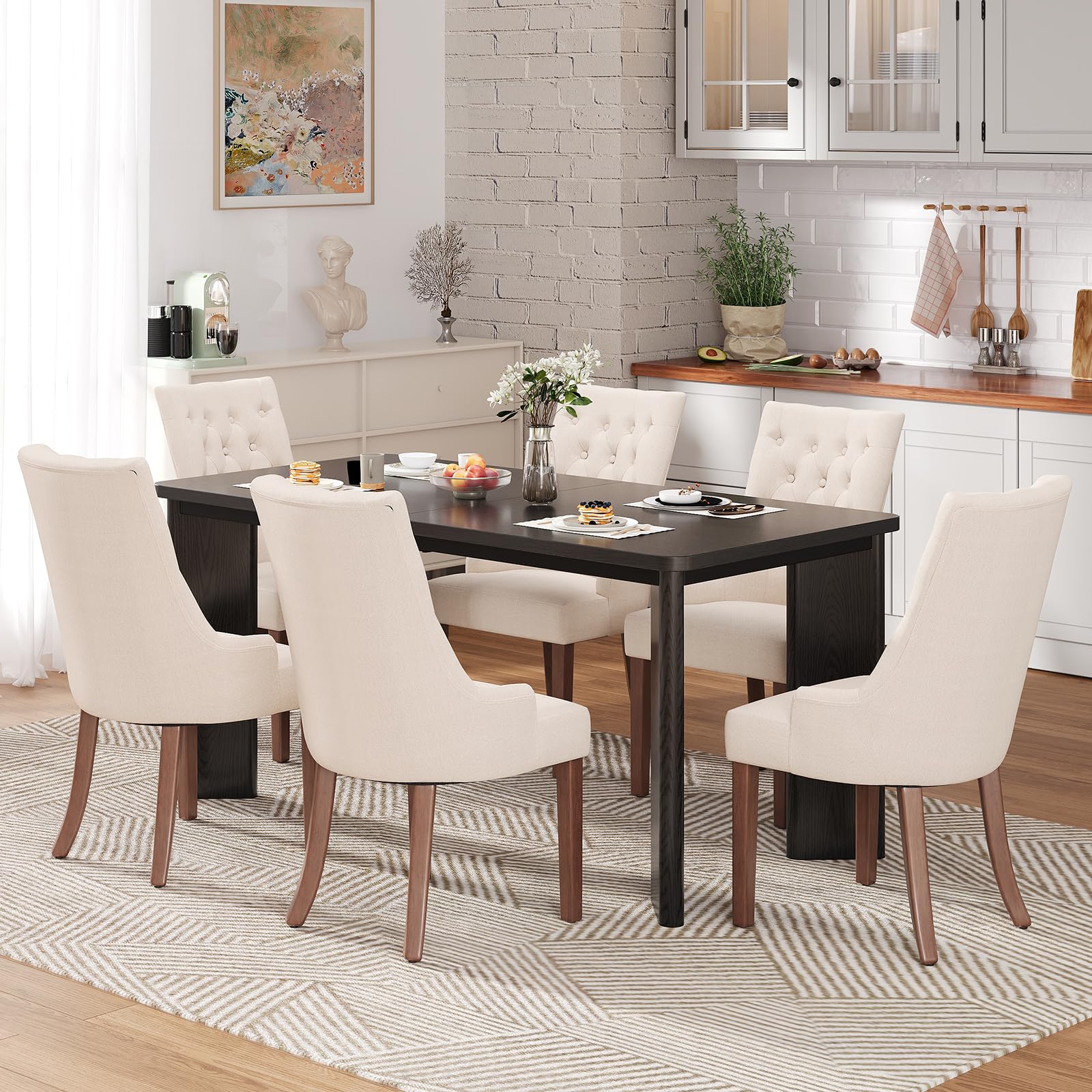 MALOL 7-Piece Rectangular Dining Table Set for 6, 63" Industrial Kitchen Table with 6 Tufted Parsons Dinner Chairs for Dining Room, Kitchen, Living Room, Black+Beige